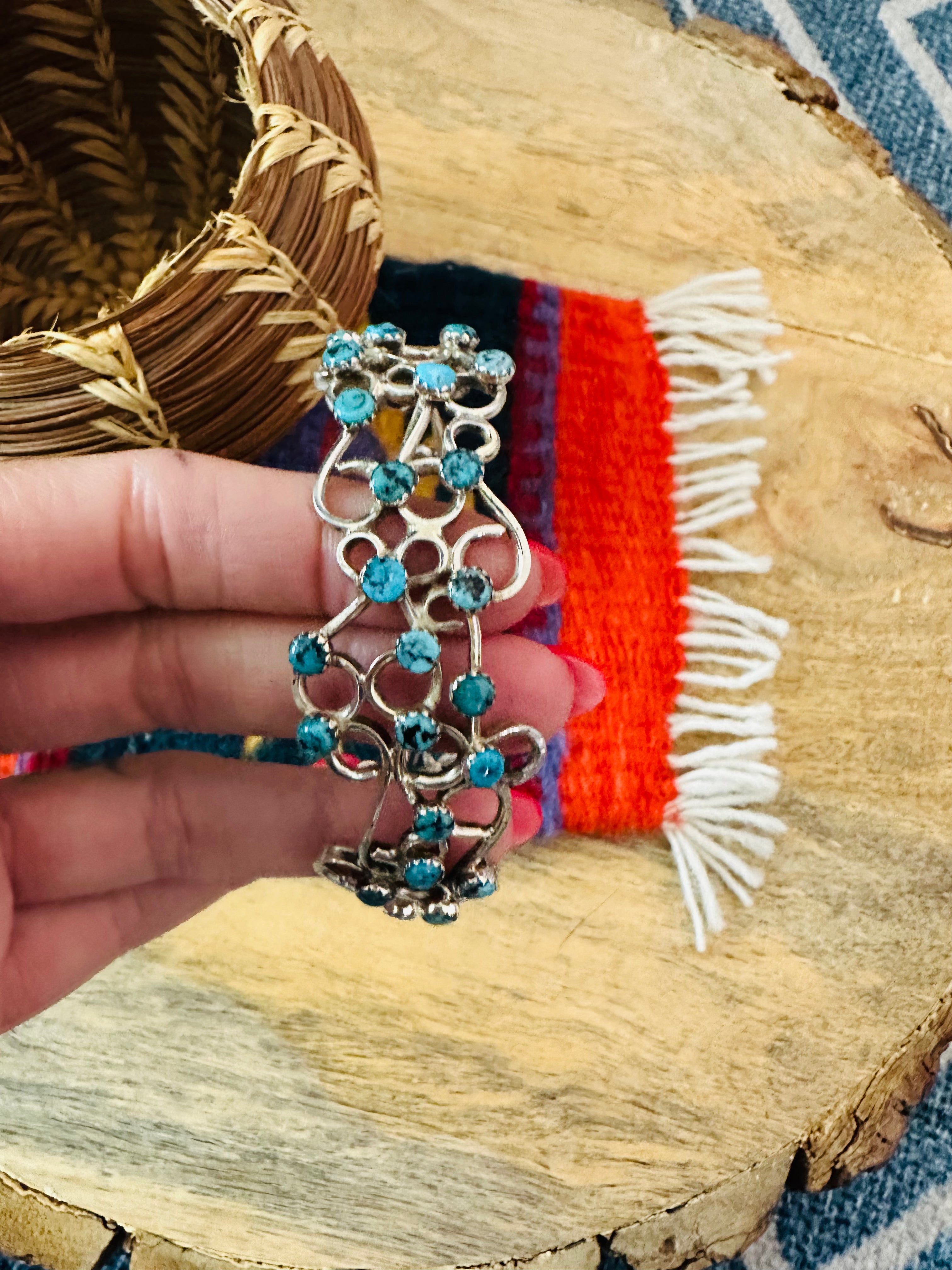 Handcrafted Turquoise & Sterling Silver Cuff Bracelet Signed /