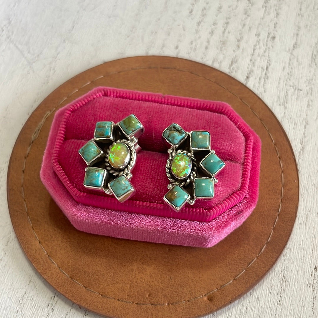 Handmade Turquoise, Fire Opal and Silver Silver Earrings