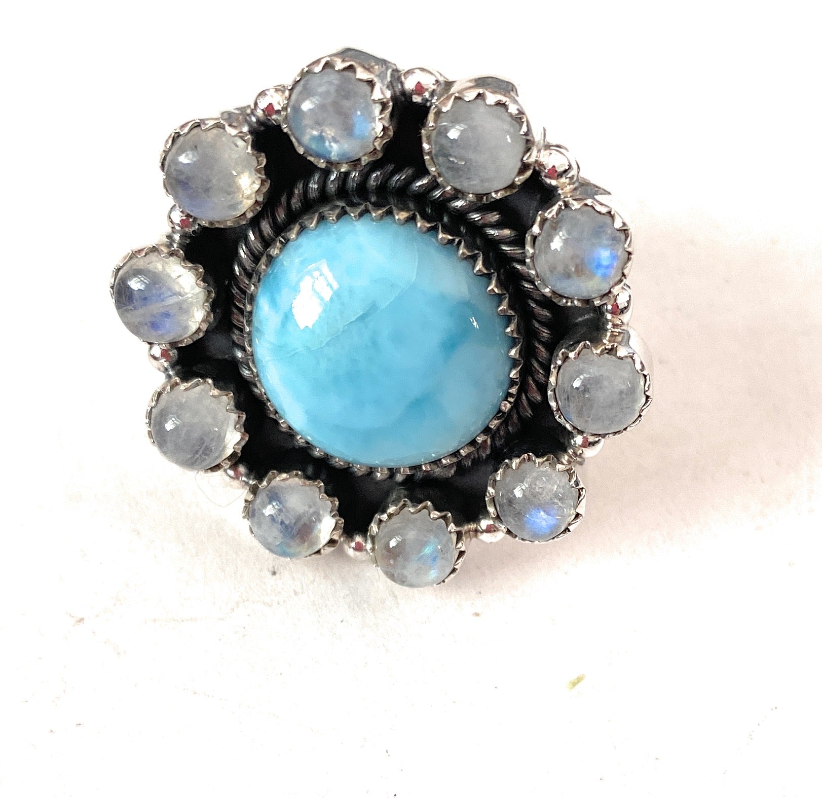Handmade Sterling Silver, Larimar & Moon Stone Cluster Adjustable Ring