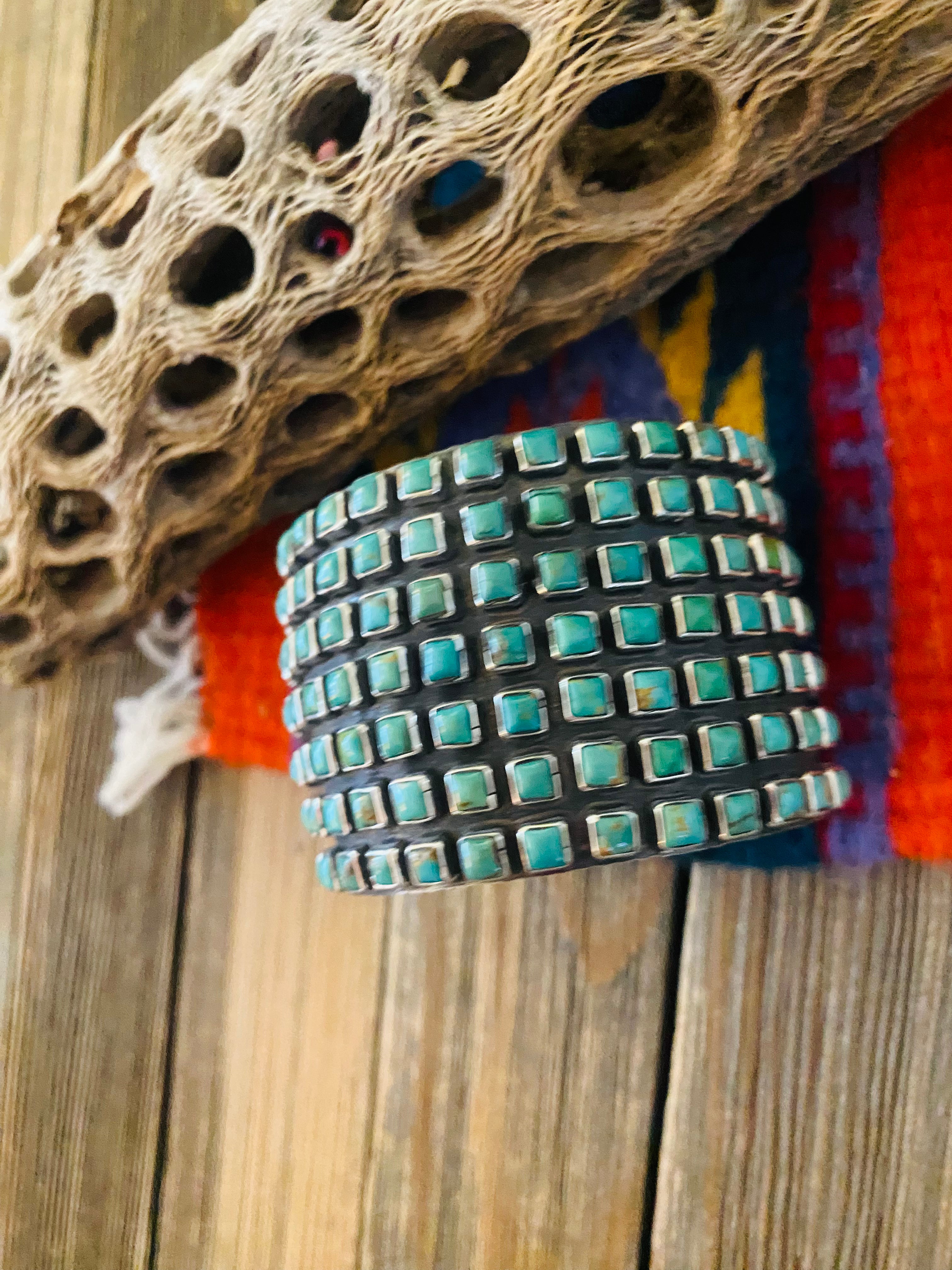 Handcrafted Kingman Turquoise And Sterling Silver Cluster Cuff Bracelet By Ernest Rangel /