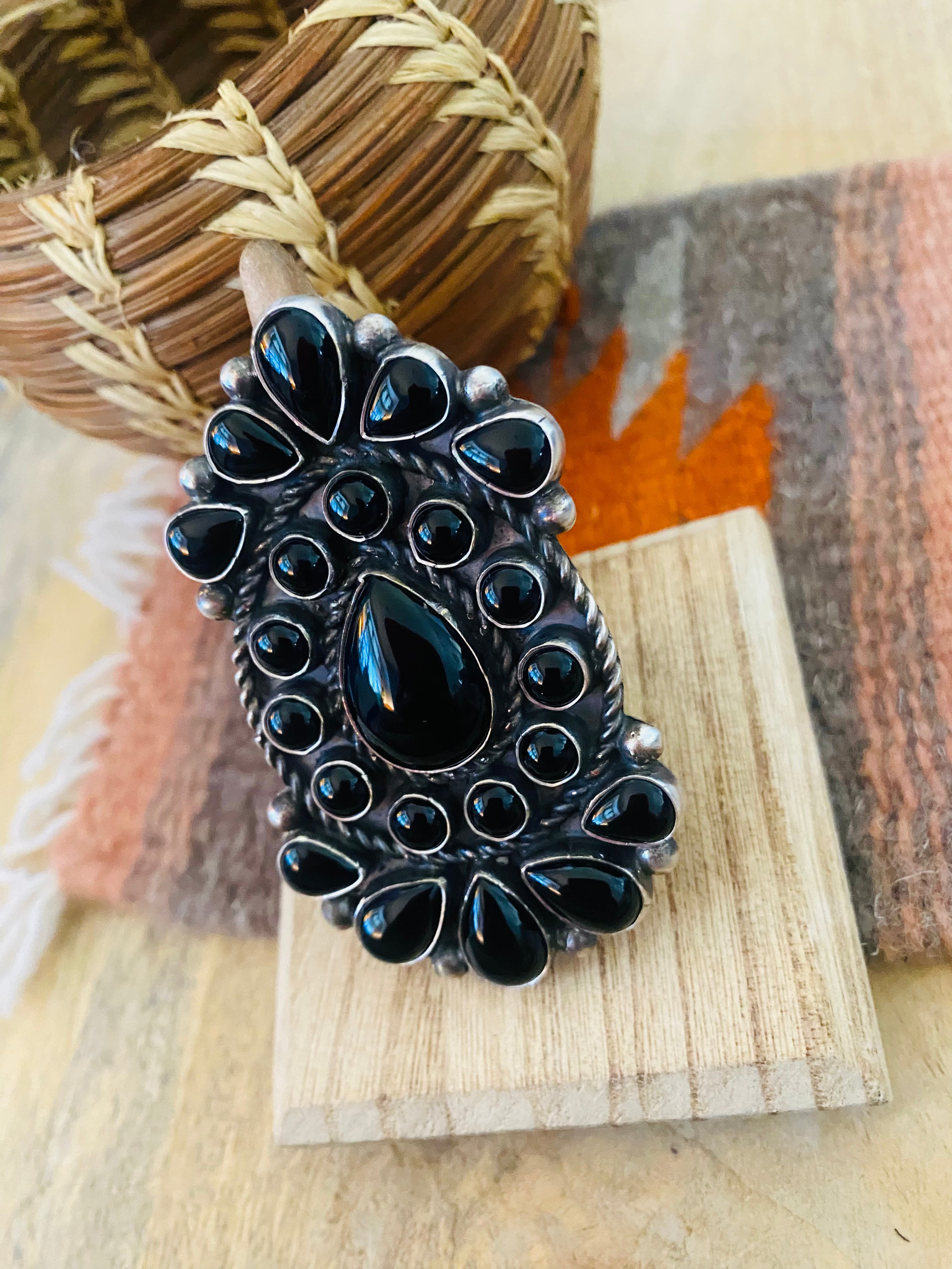 Handcrafted Sterling Silver & Black Onyx Cluster Ring Size 9