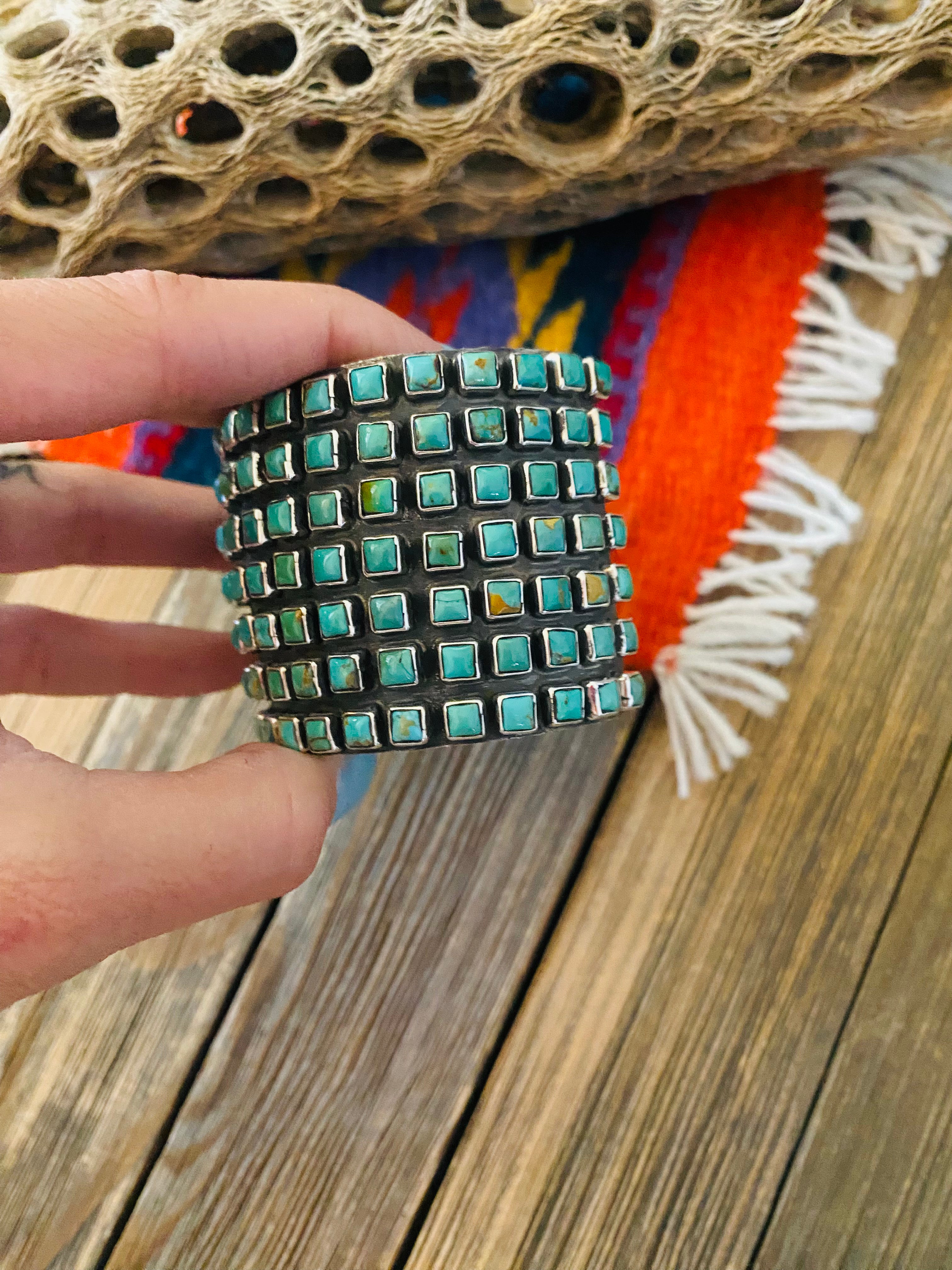Handcrafted Kingman Turquoise And Sterling Silver Cluster Cuff Bracelet By Ernest Rangel /