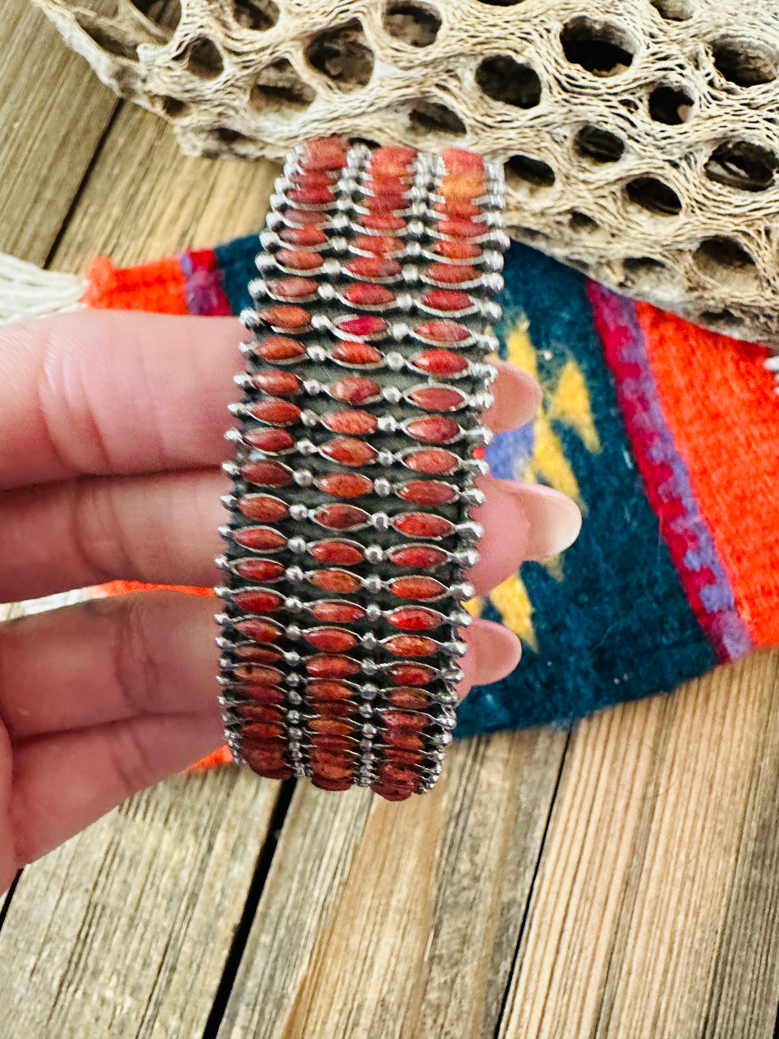 Nizhoni Handmade Sterling Silver & Coral Cuff Bracelet /