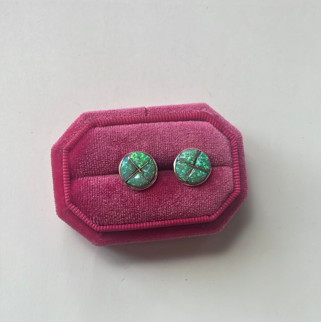 Navajo Green Opal Inlay & Sterling Silver Stud Earrings