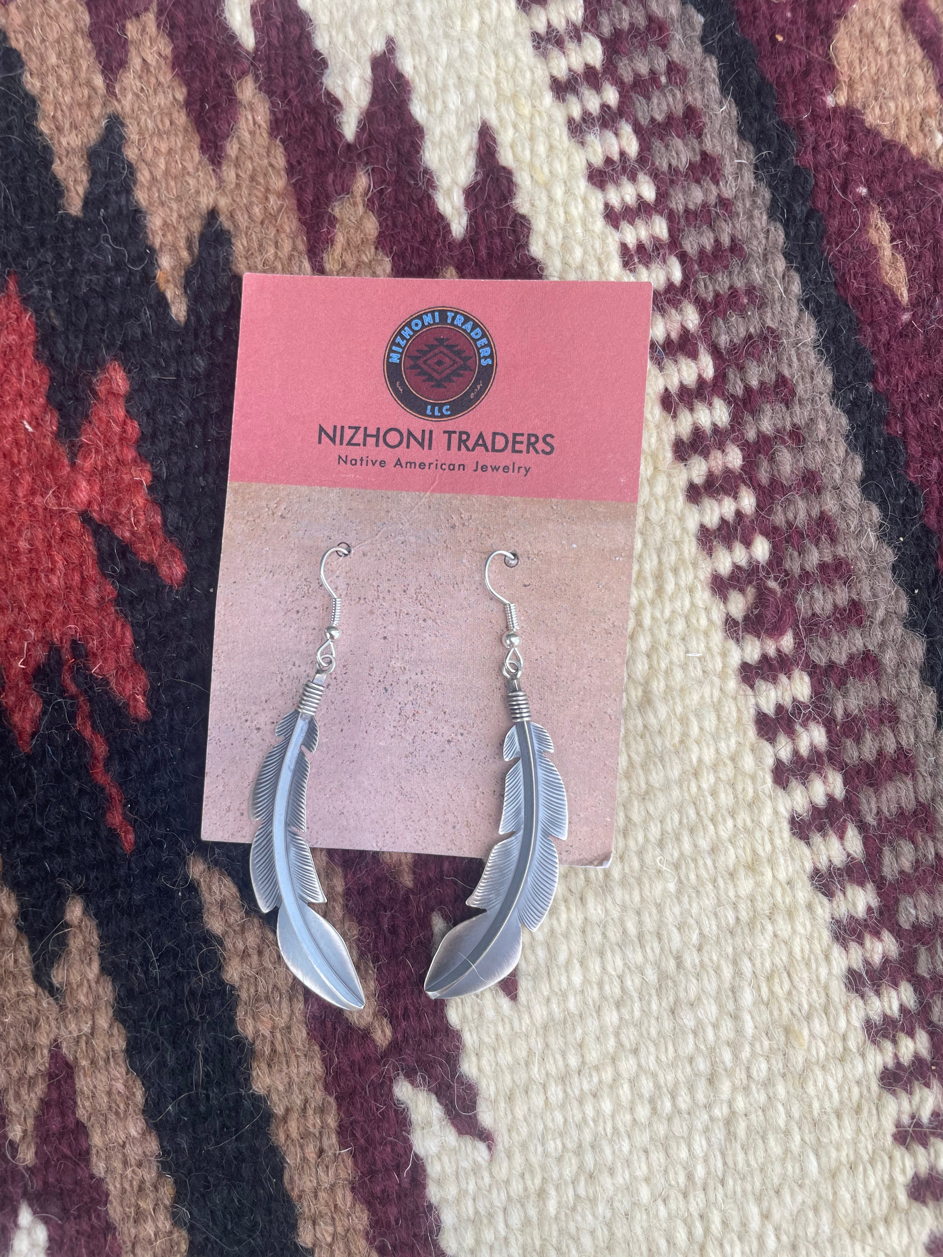 Handcrafted Sterling Silver Feather Dangle Earrings Signed Billy Long