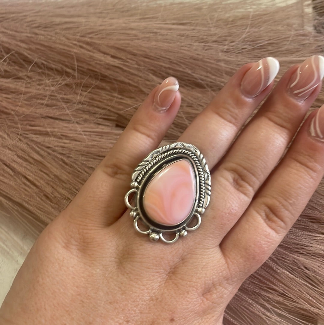 Gorgeous Navajo Pink Peruvian Opal And Sterling Silver Adjustable Ring