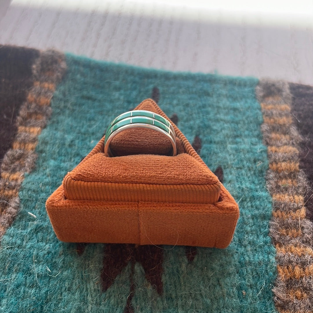 Handcrafted Double Row Green Turquoise 8 Stone Inlay Ring