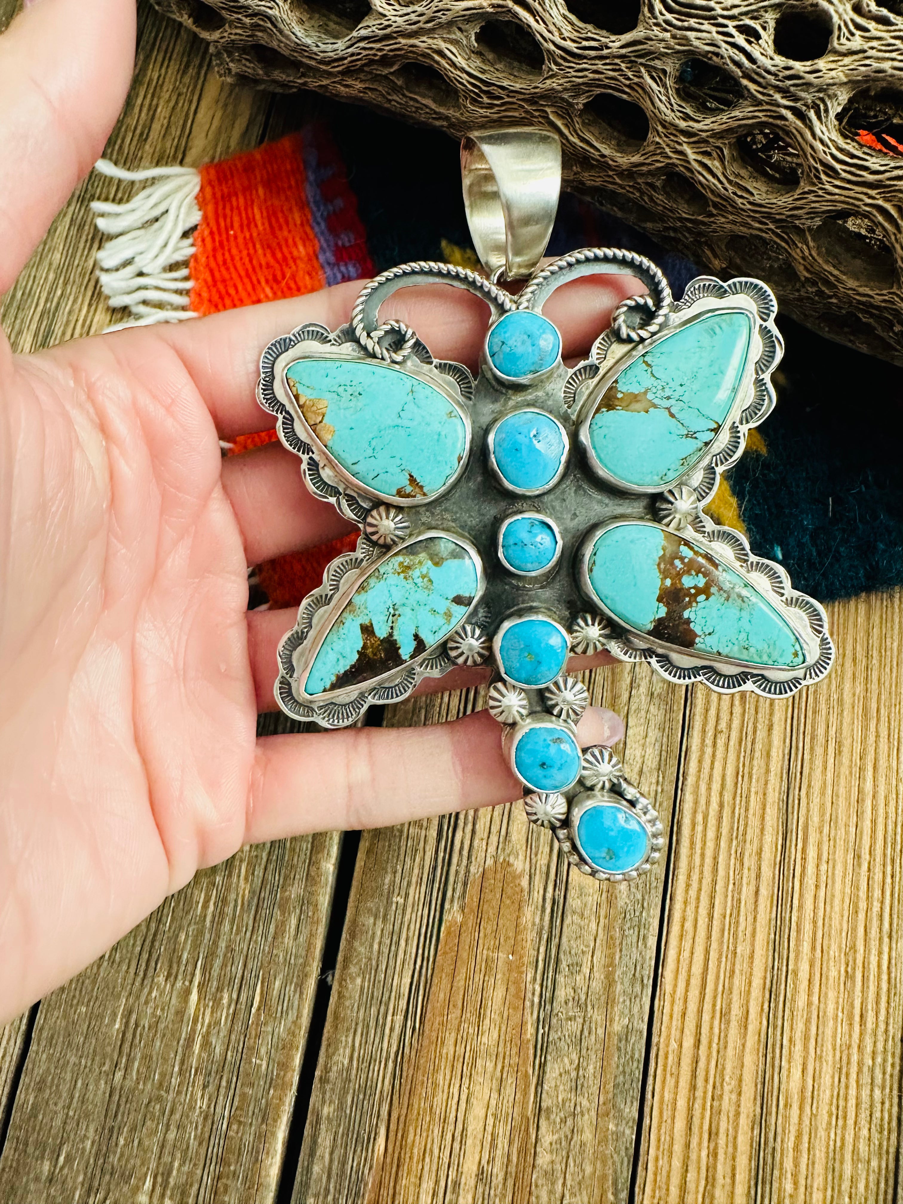 Navajo Turquoise & Sterling Silver Dragonfly Pendant By Tina Benally