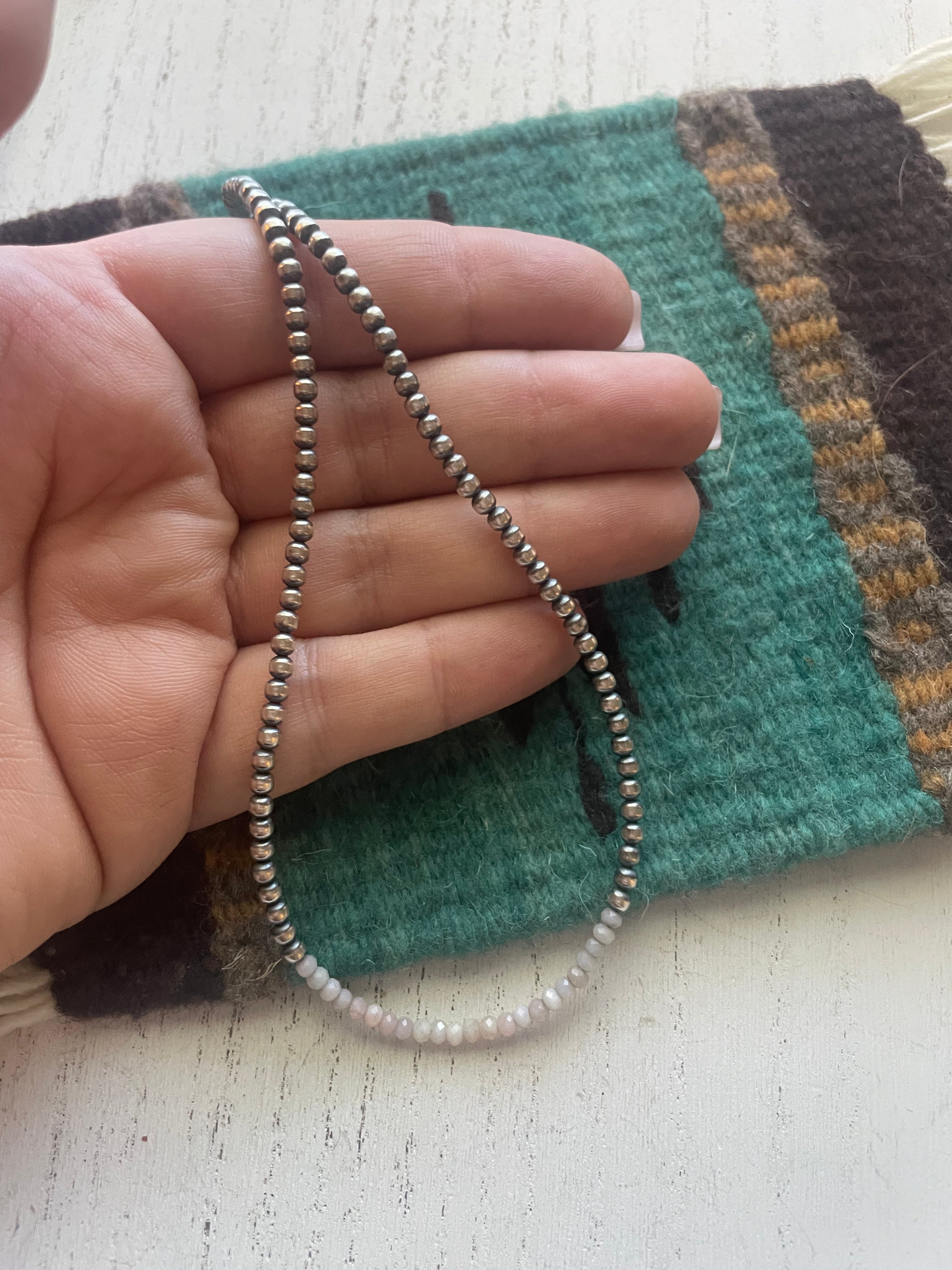 Handcrafted Sterling Silver Pearl & Queen Pink Conch Beaded Necklace 3mm