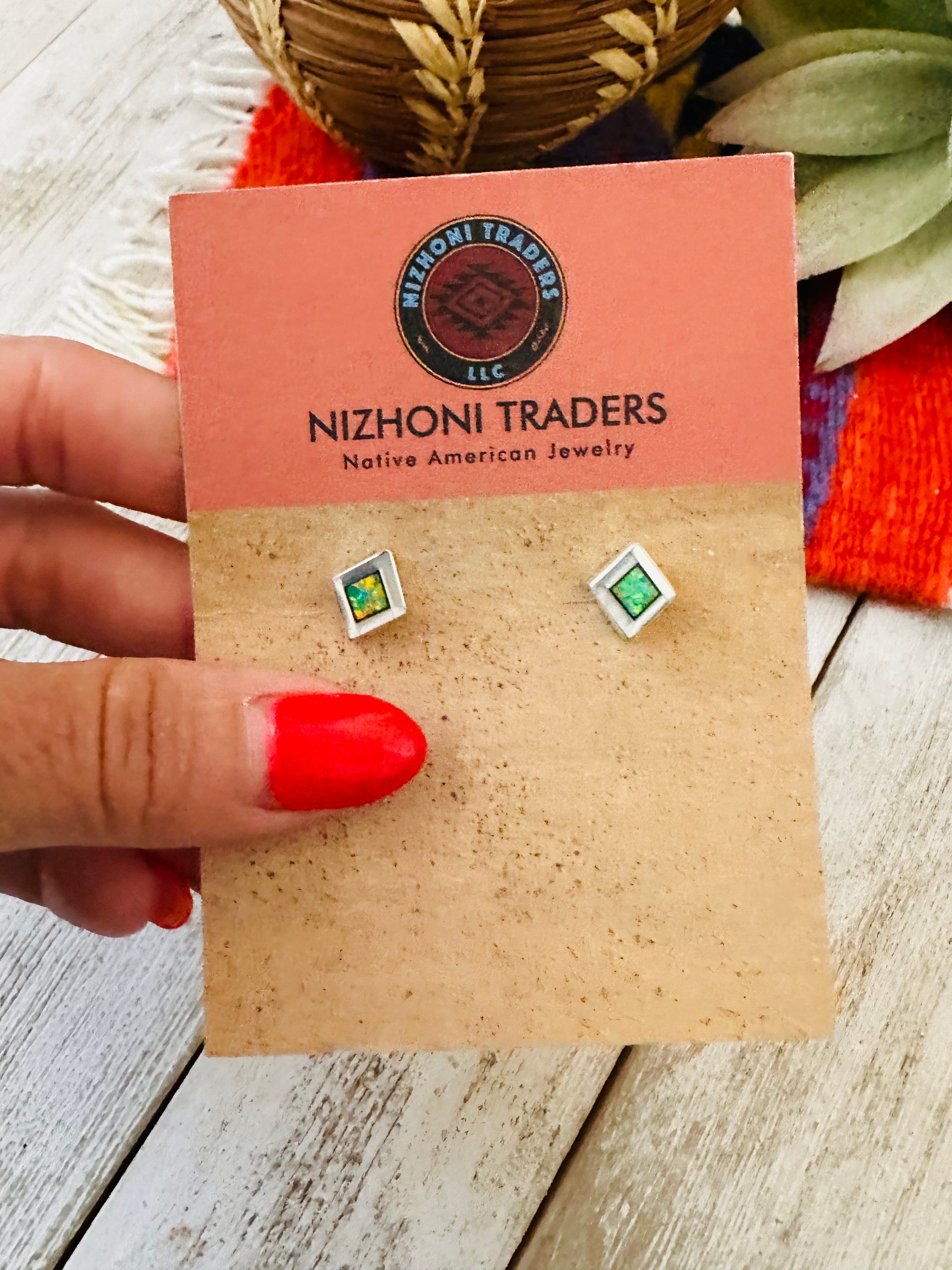 Zuni Mother of Pearl Green Opal & Sterling Silver Diamond Inlay Stud Earrings