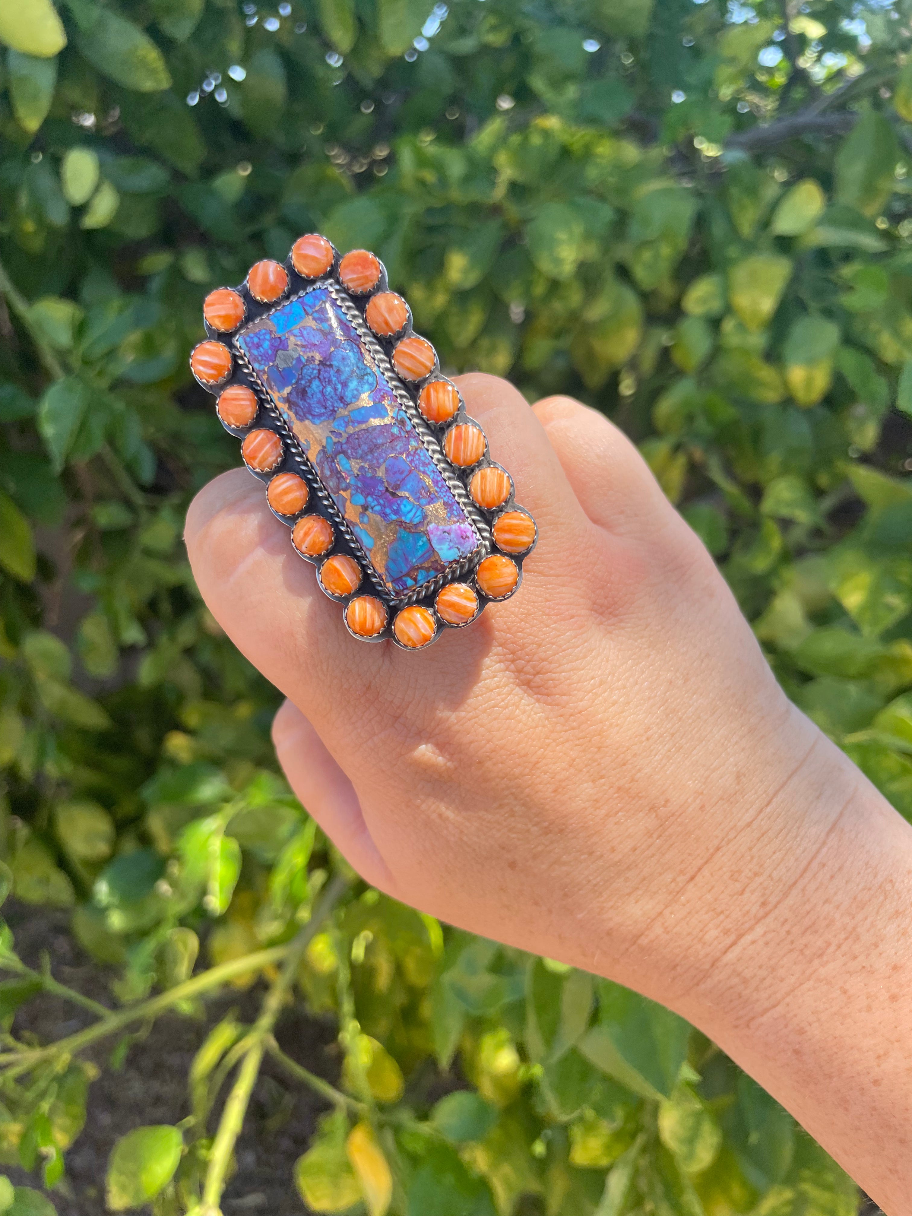 Handcrafted Orange Spiny, Purple Dream & Sterling Silver Adjustable Ring Signed P Yazzie