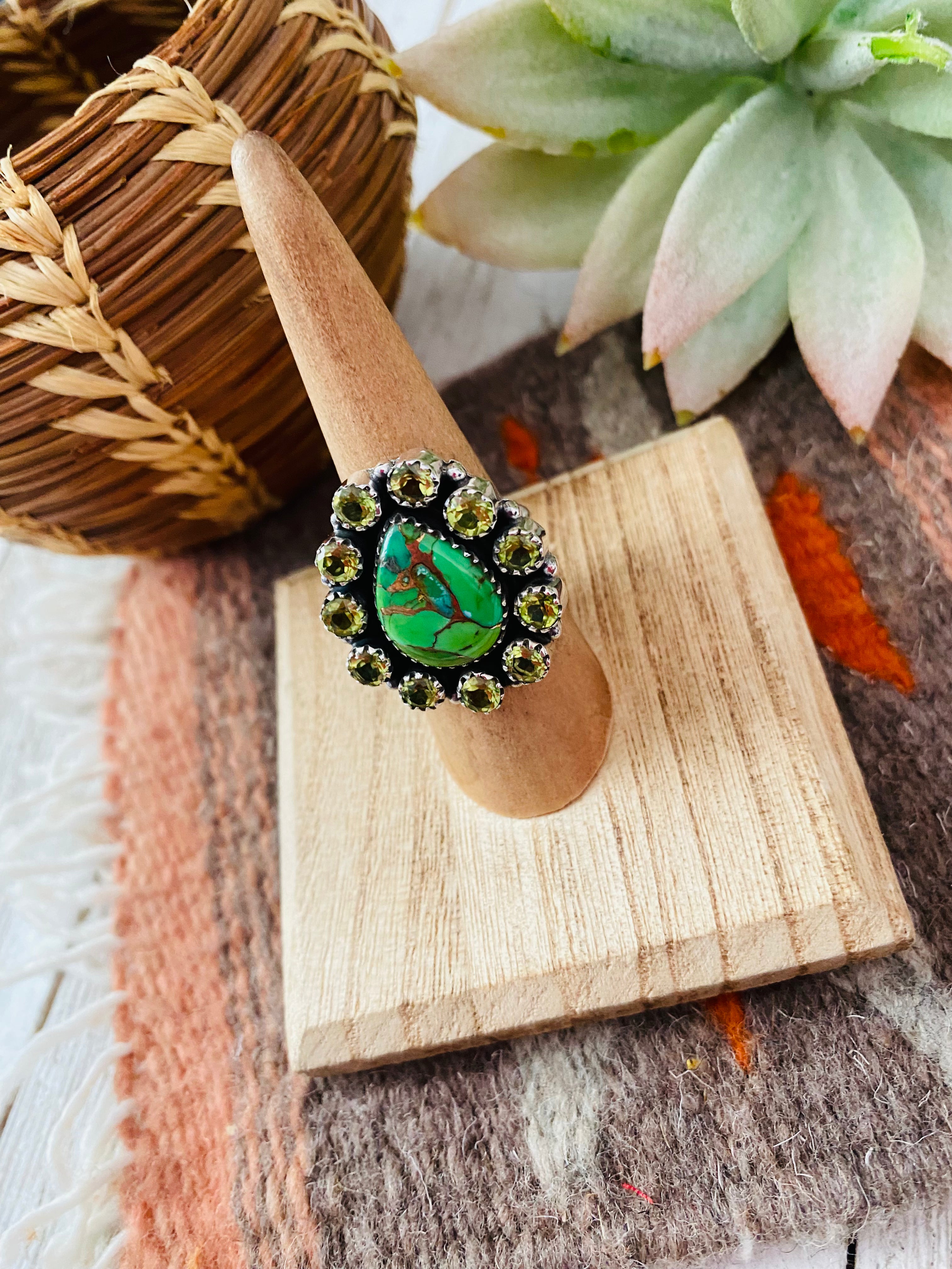 Handmade Sterling Silver, Green Mohave & Peridot Cluster Adjustable Ring