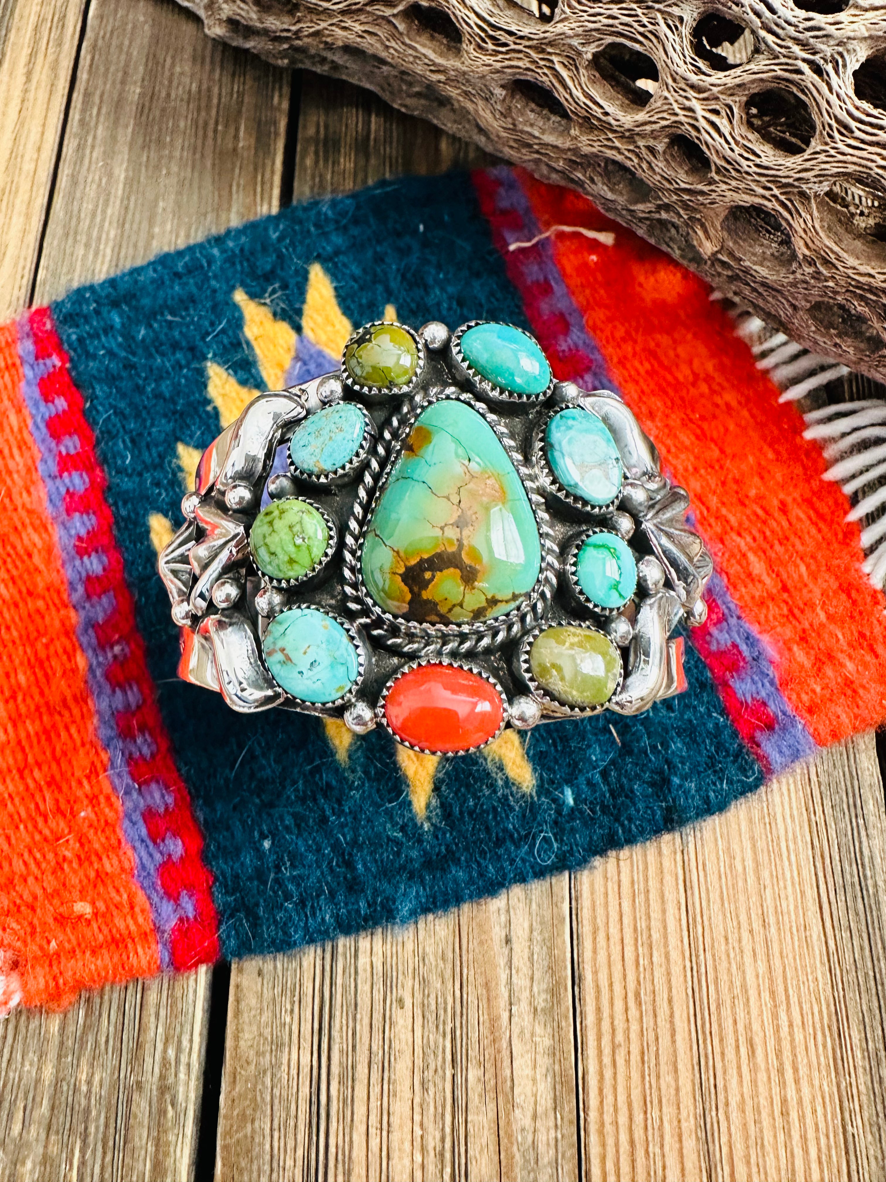 Navajo Old Pawn Turquoise, Coral & Sterling Silver Cuff Bracelet /