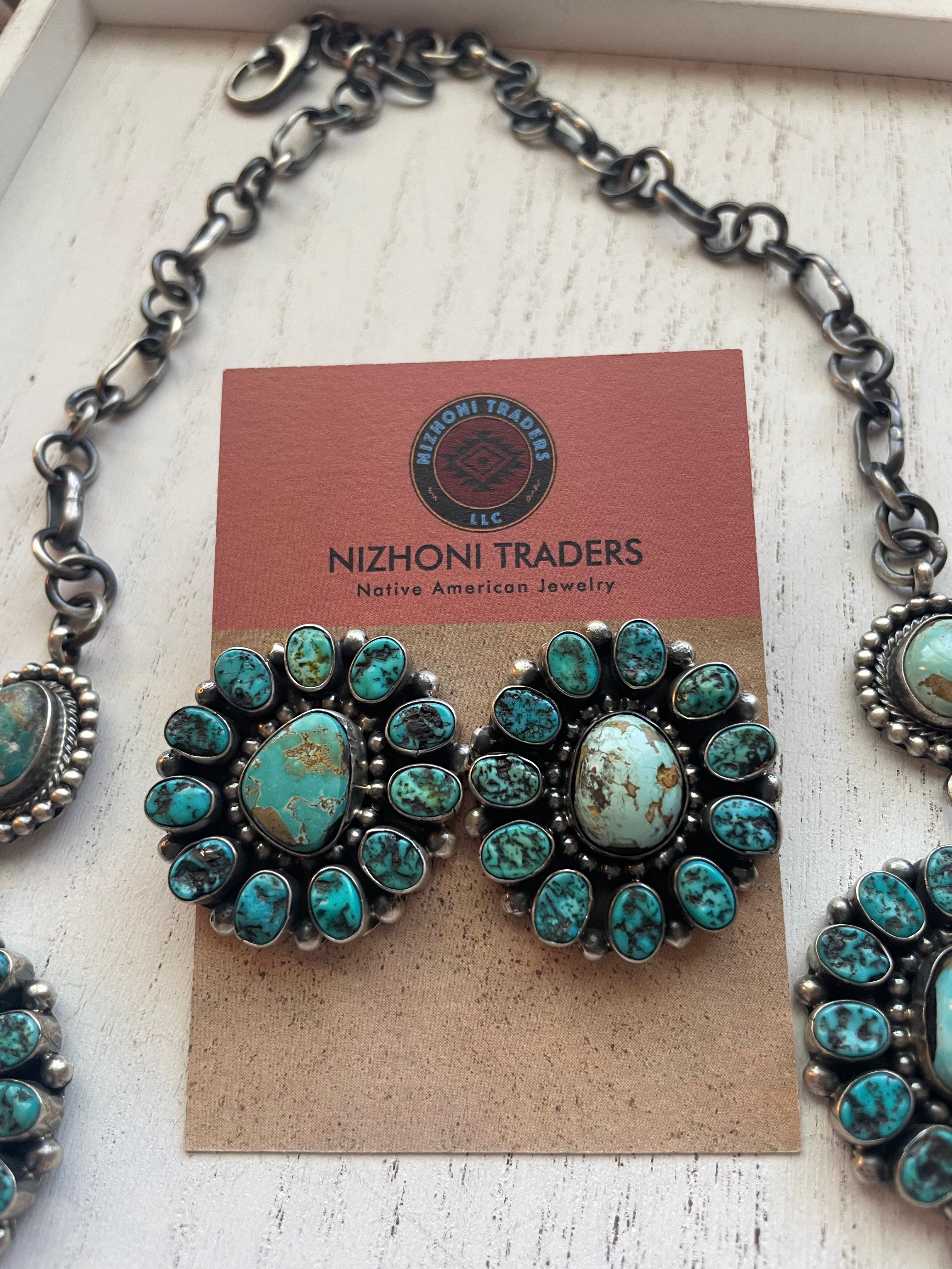 B Yellowhorse Navajo Sterling Silver Turquoise Necklace & Earring Set Signed