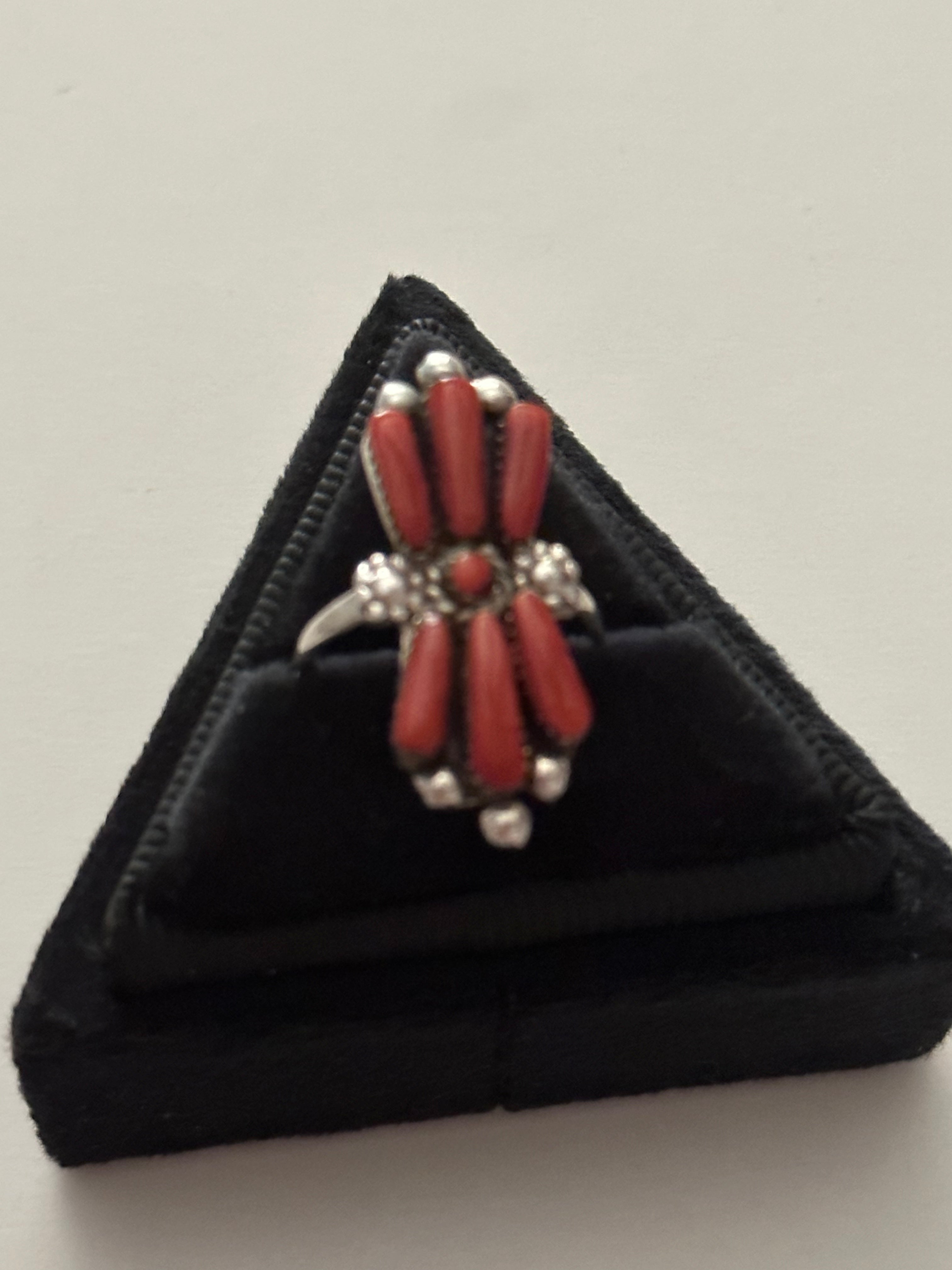 Handcrafted Sterling Silver & Coral Needlepoint Ring