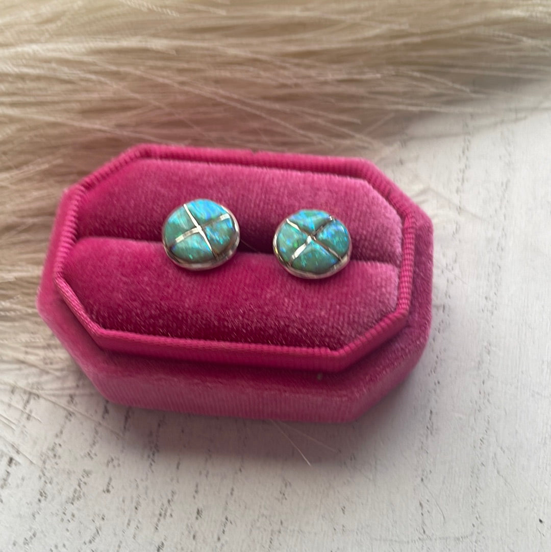 Navajo Green Opal Inlay & Sterling Silver Stud Earrings