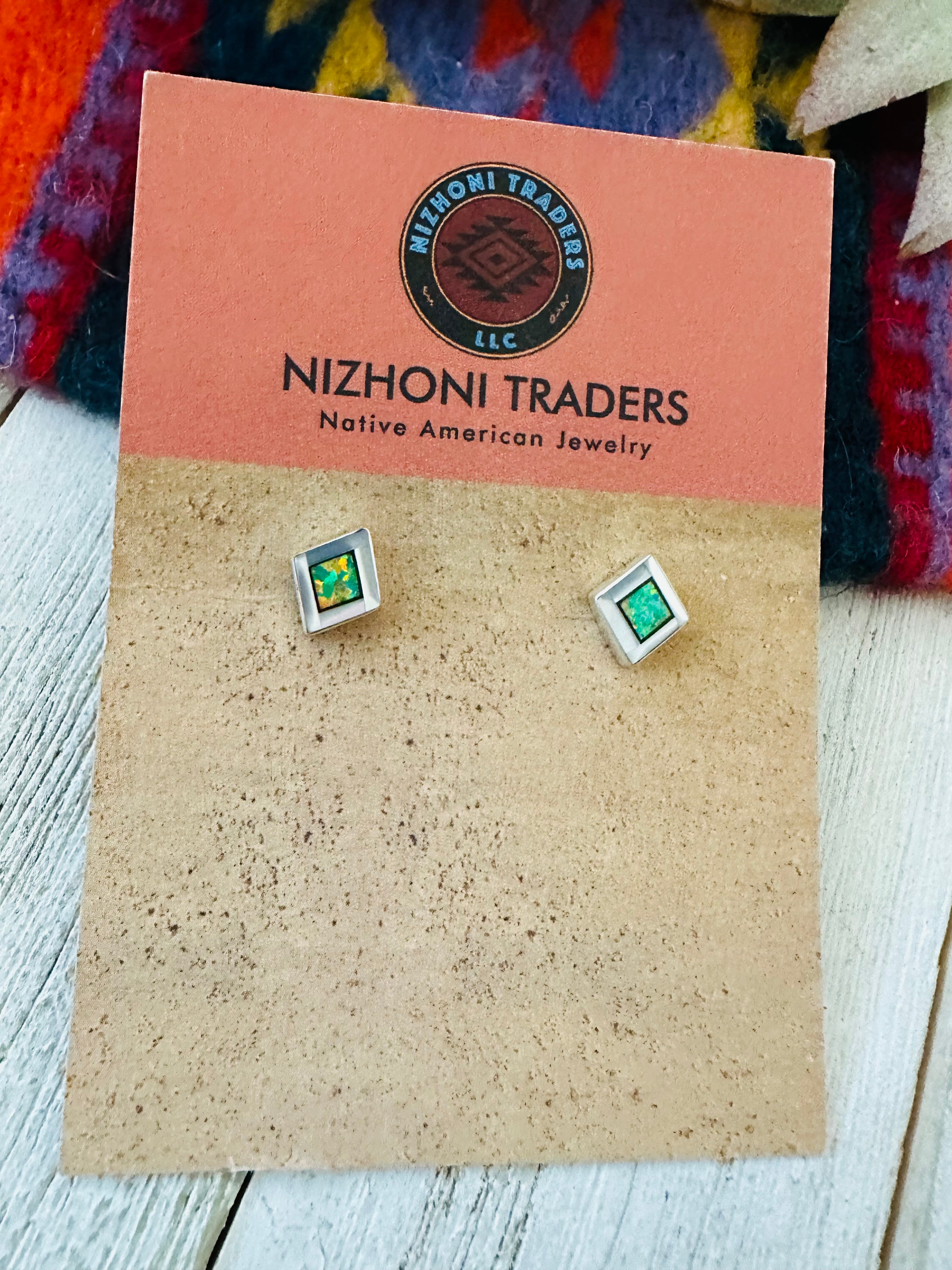 Zuni Mother of Pearl Green Opal & Sterling Silver Diamond Inlay Stud Earrings