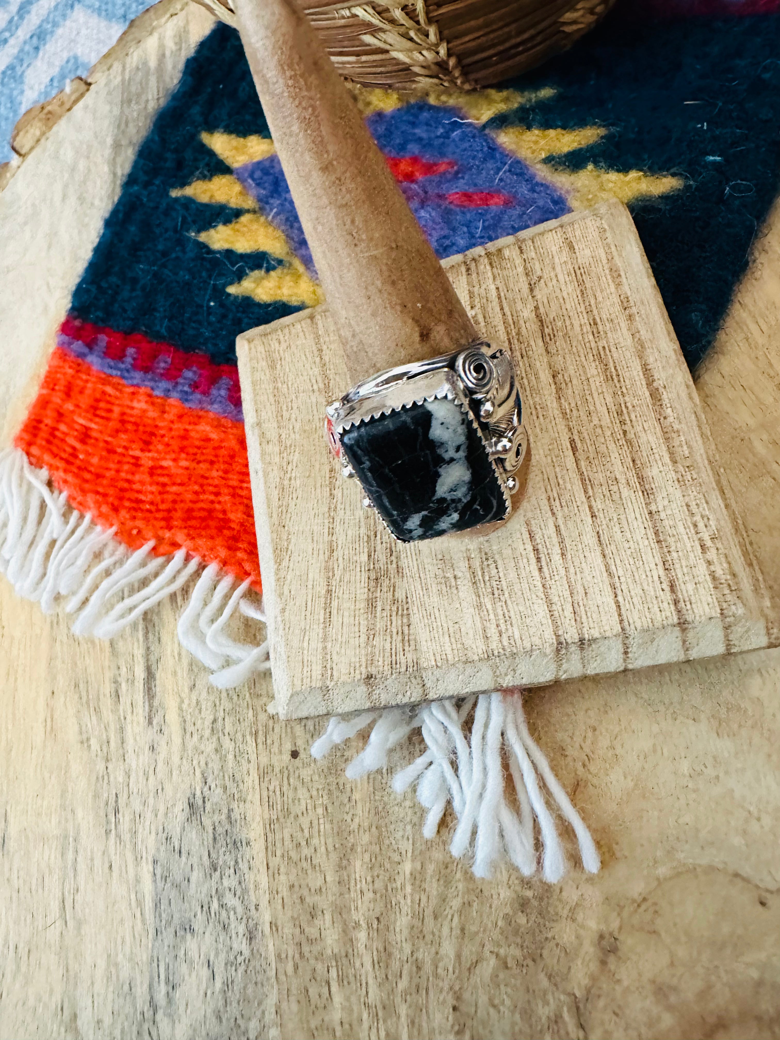 Handcrafted Sterling Silver & White Buffalo Band Ring Signed