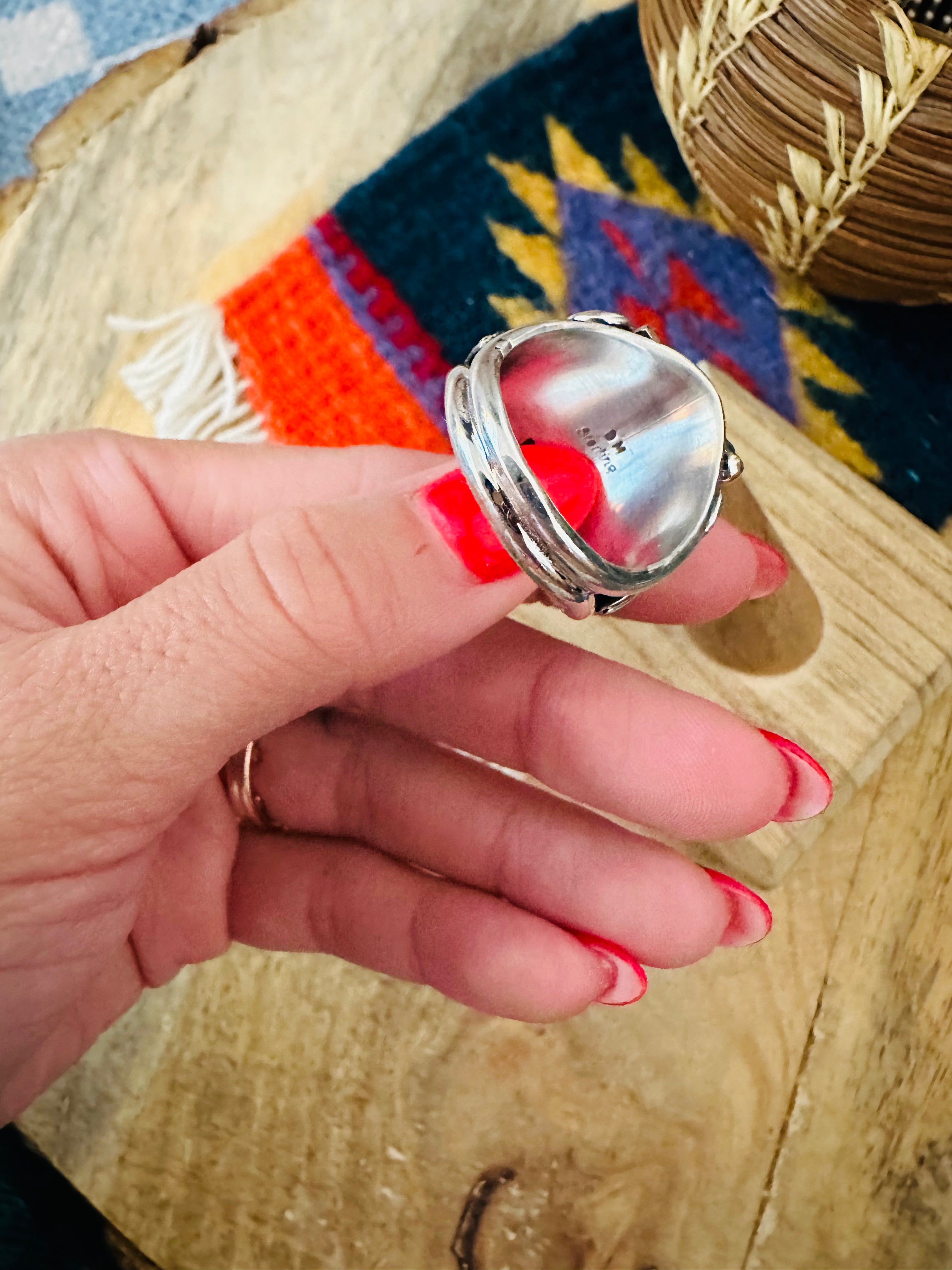 Handcrafted Sterling Silver & White Buffalo Band Ring Signed