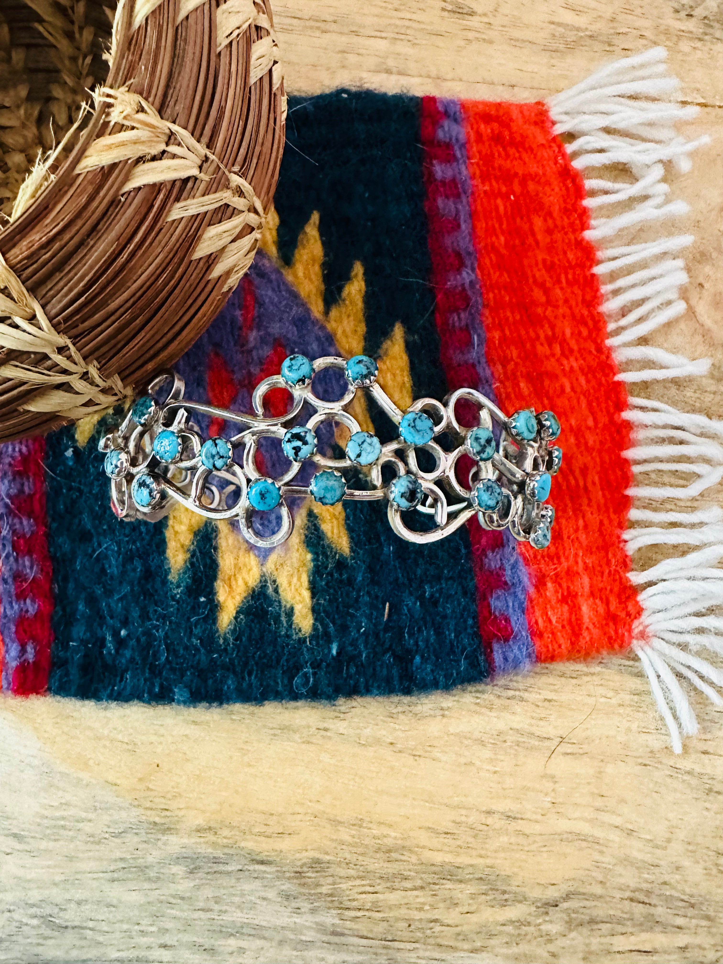 Handcrafted Turquoise & Sterling Silver Cuff Bracelet Signed /