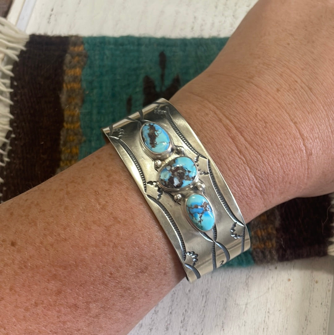 Handcrafted Golden Hills Turquoise & Sterling Silver Cuff Bracelet Signed /