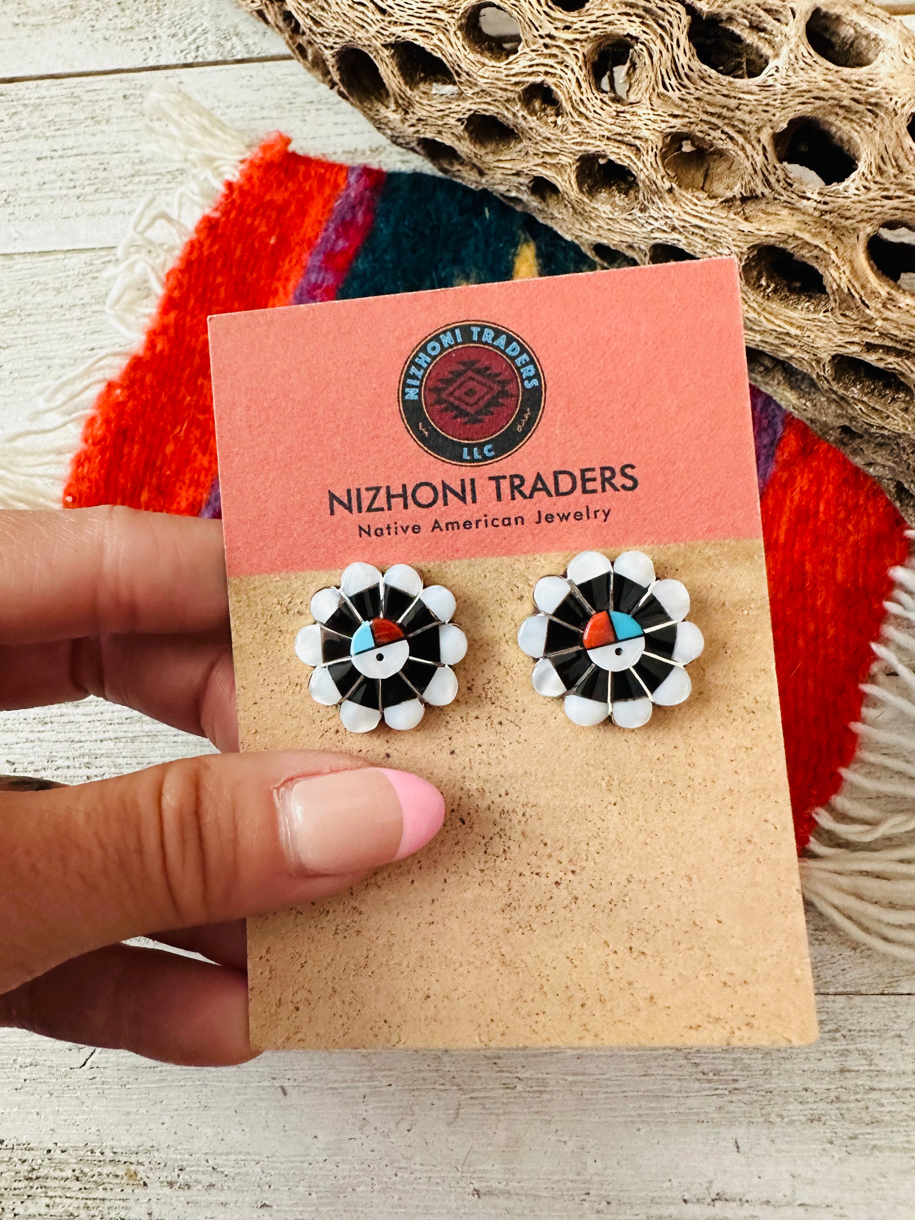 Handcrafted Sun Face Multi Stone & Sterling Silver Inlay Stud Earrings