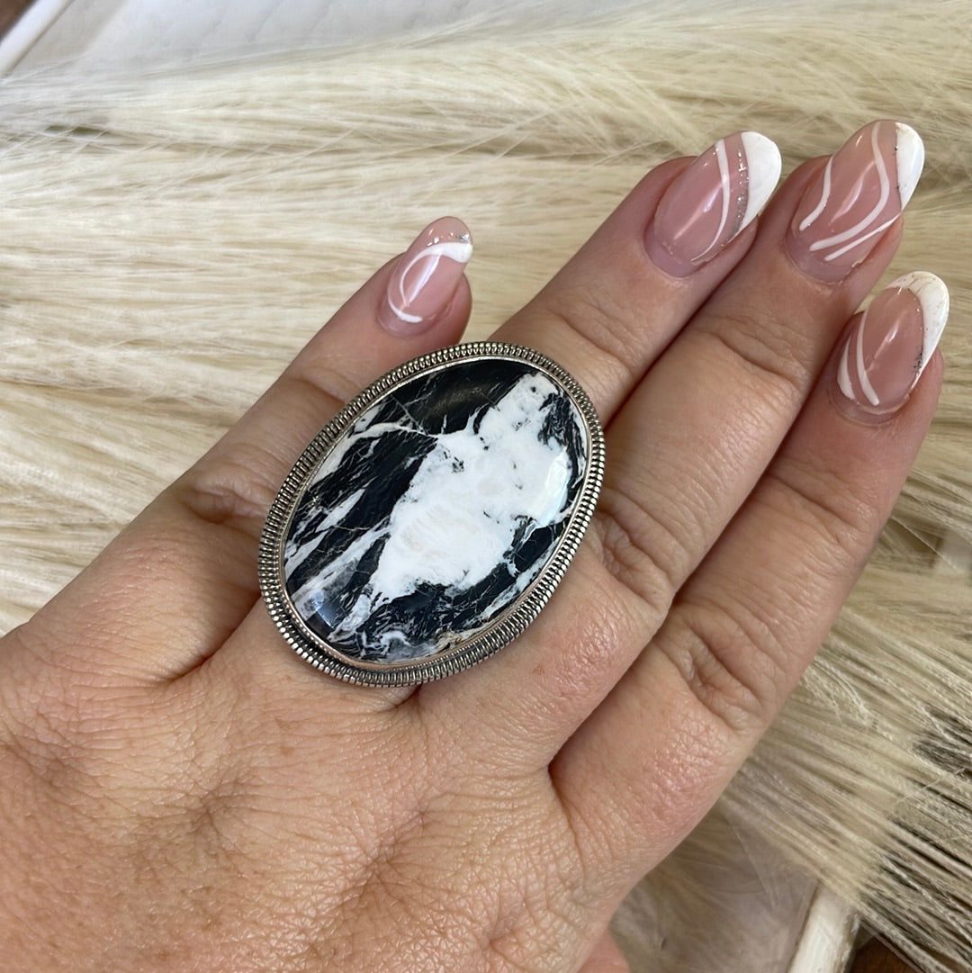 Handcrafted Sterling Silver & White Buffalo Adjustable Ring Signed