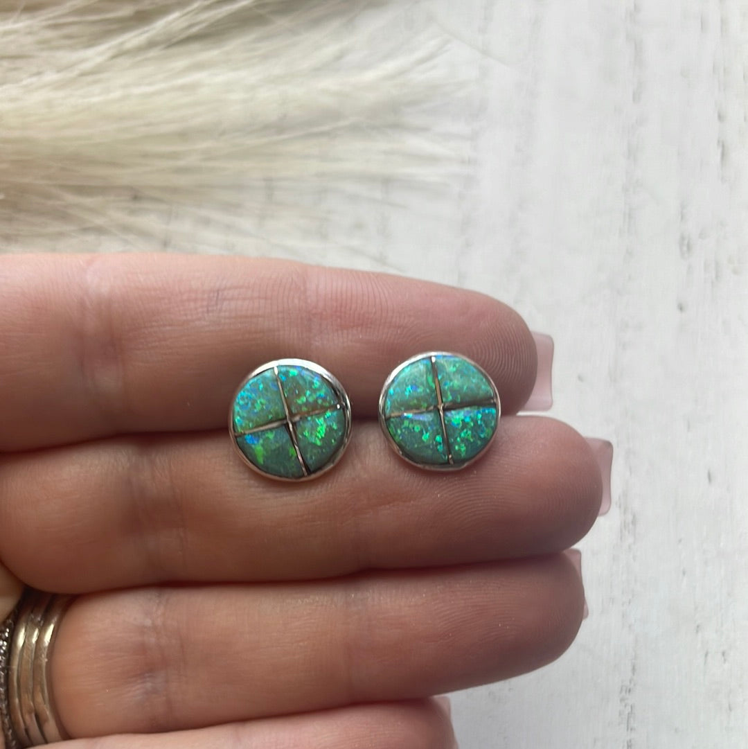 Navajo Green Opal Inlay & Sterling Silver Stud Earrings