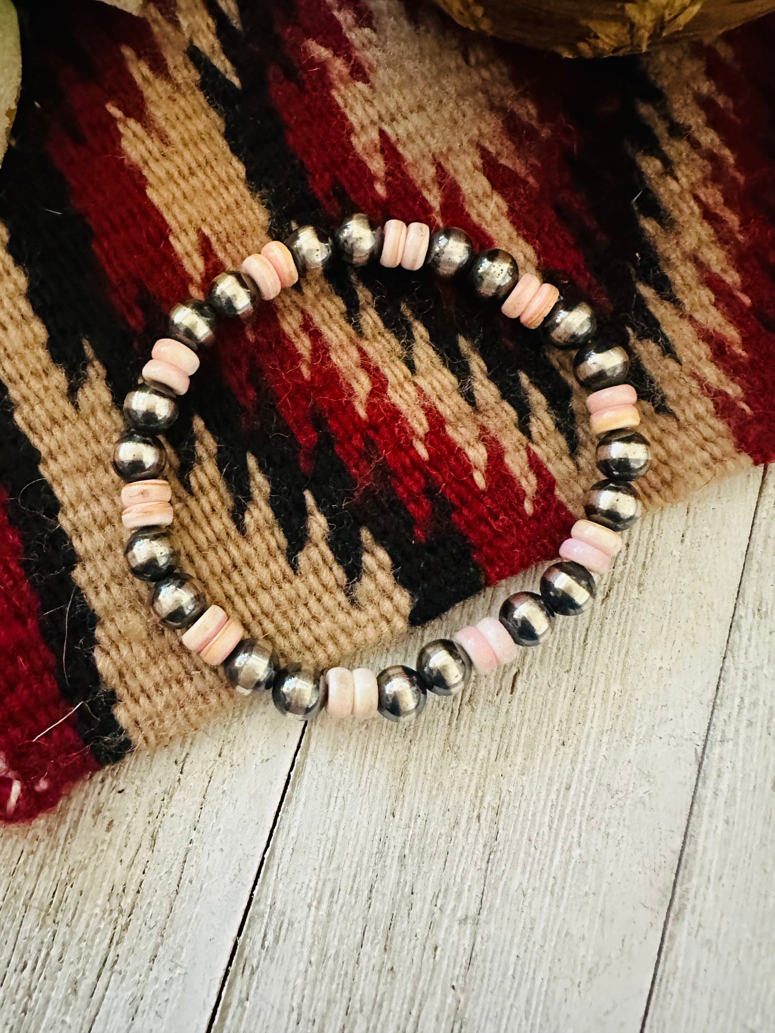 Handcrafted Queen Pink Conch Shell & Sterling Silver Beaded Stretch Bracelet