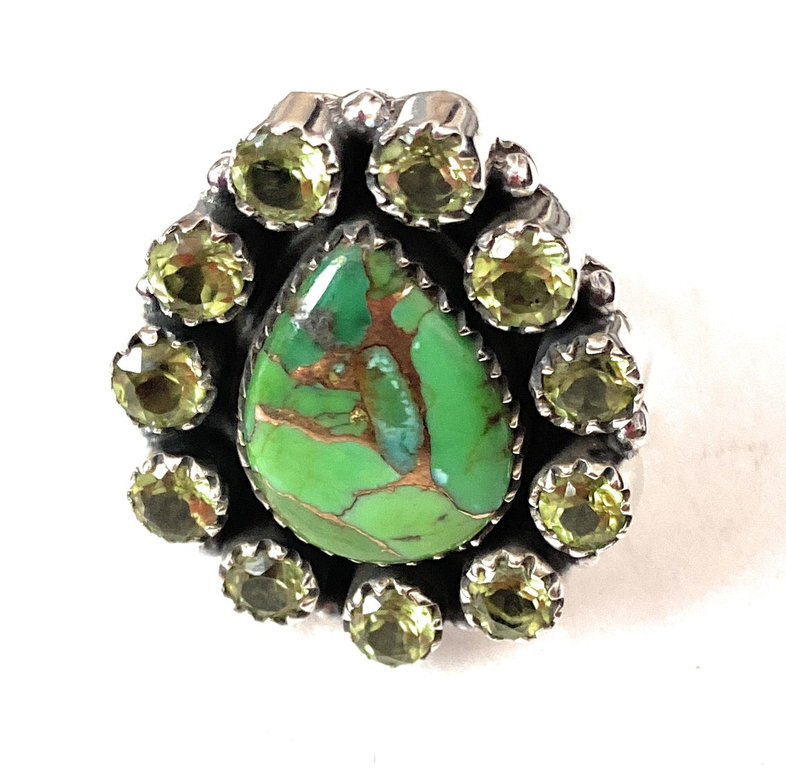 Handmade Sterling Silver, Green Mohave & Peridot Cluster Adjustable Ring