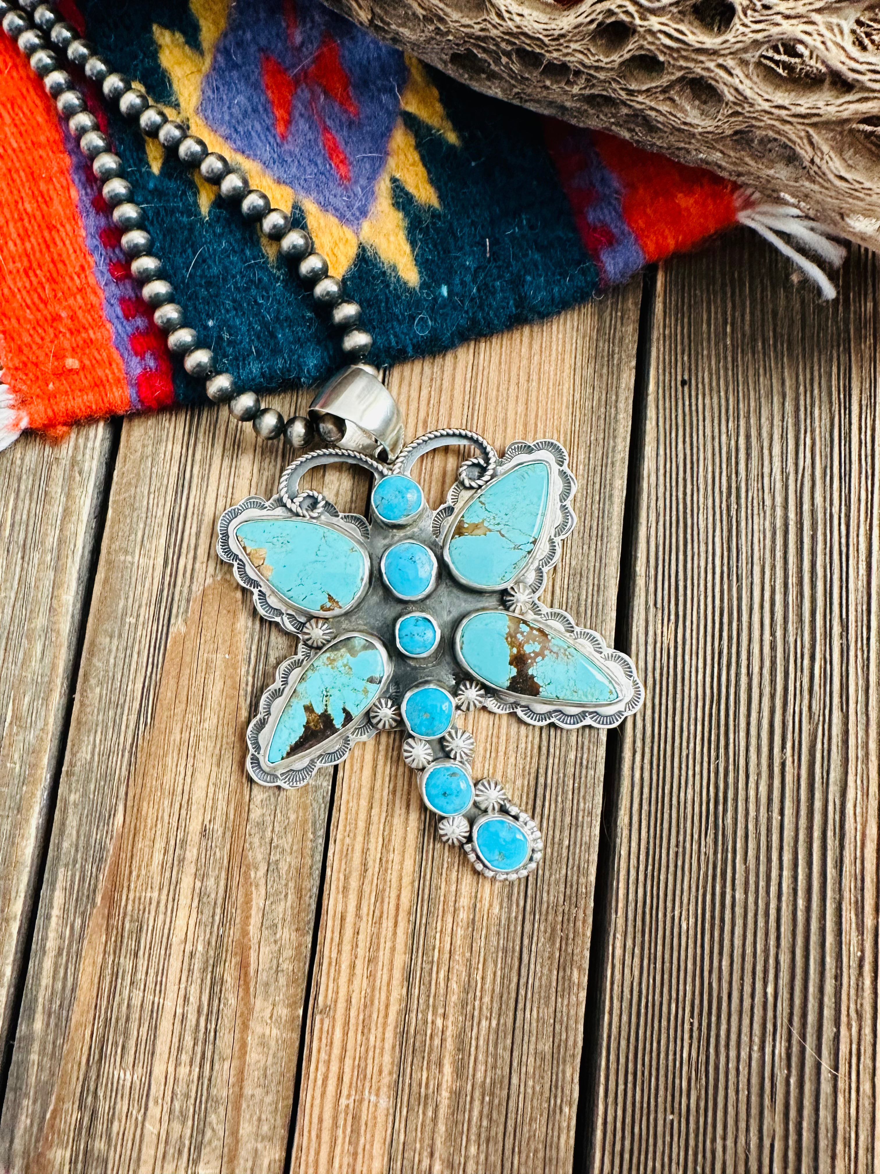 Navajo Turquoise & Sterling Silver Dragonfly Pendant By Tina Benally