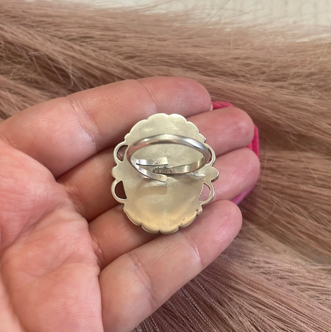 Gorgeous Navajo Pink Peruvian Opal And Sterling Silver Adjustable Ring