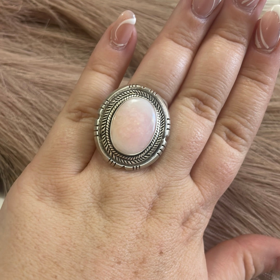 Gorgeous Navajo Pink Peruvian Opal And Sterling Silver Adjustable Ring