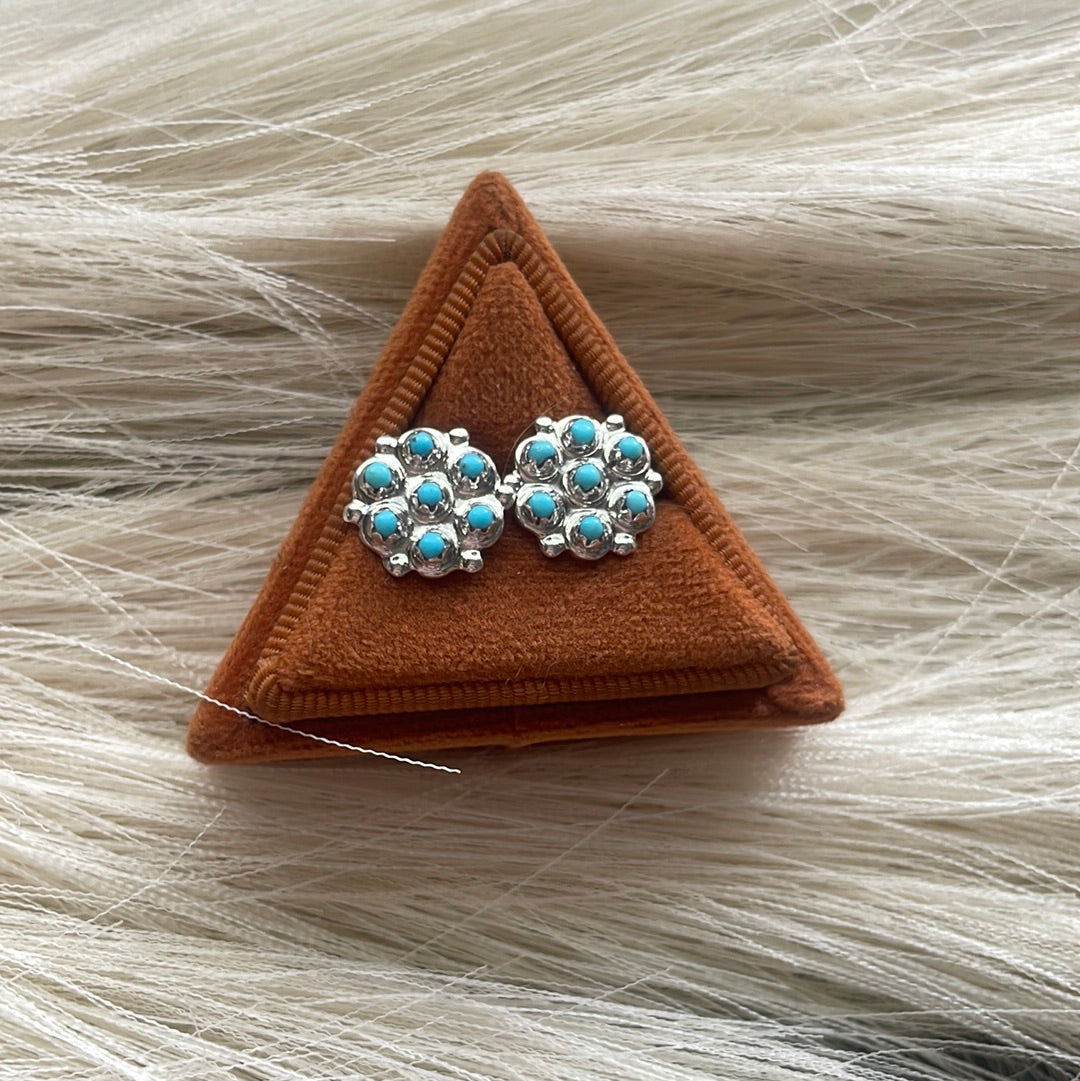 Handcrafted Sterling Silver & Turquoise 7 Stone Cluster Stud Earrings