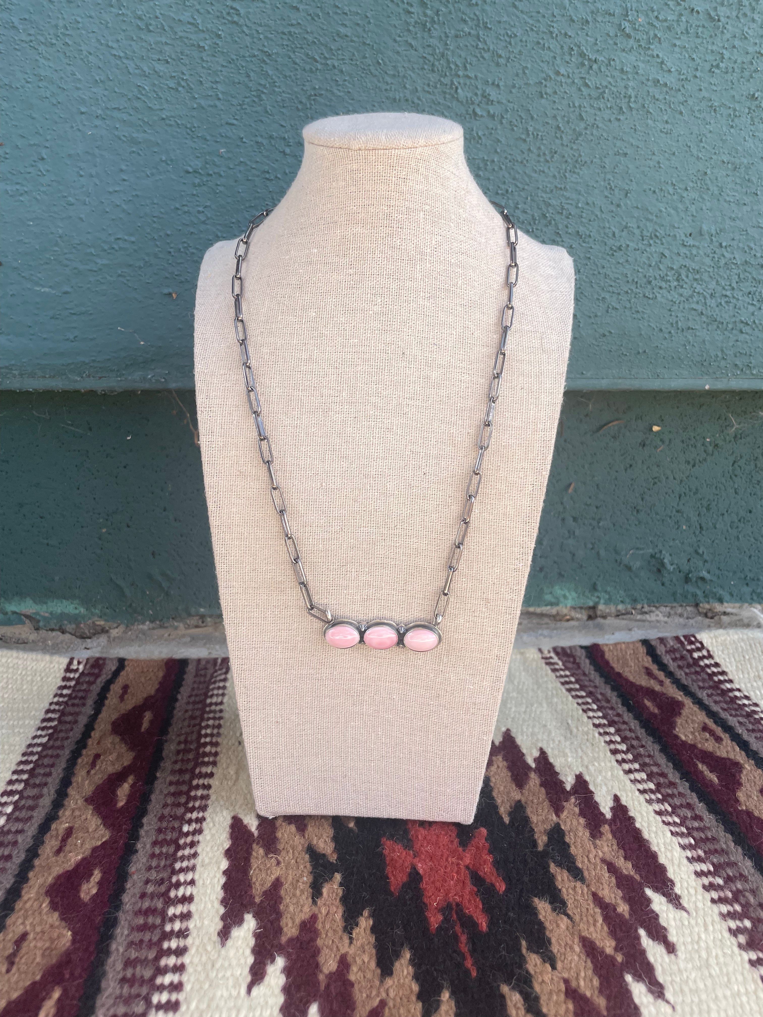 Handcrafted Queen Pink Conch Shell And Sterling Silver 3 Stone Bar Necklace Signed