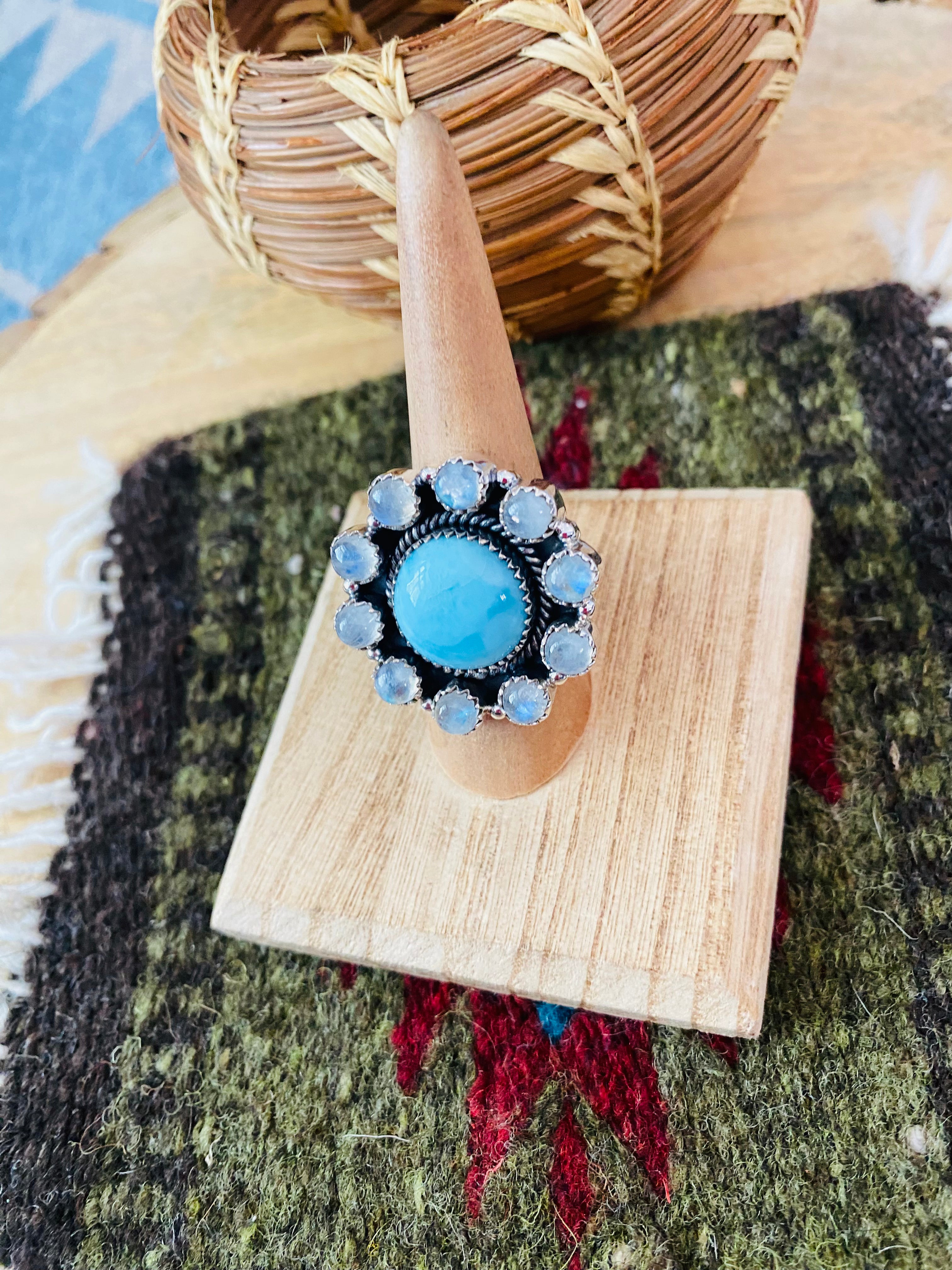 Handmade Sterling Silver, Larimar & Moon Stone Cluster Adjustable Ring