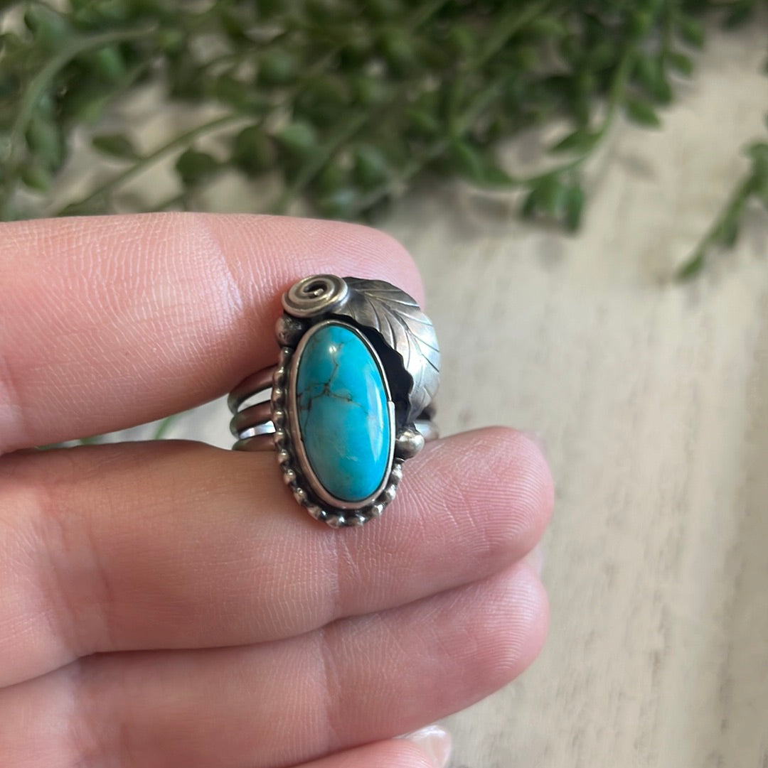Handcrafted Turquoise & Sterling Silver Feather Ring Signed