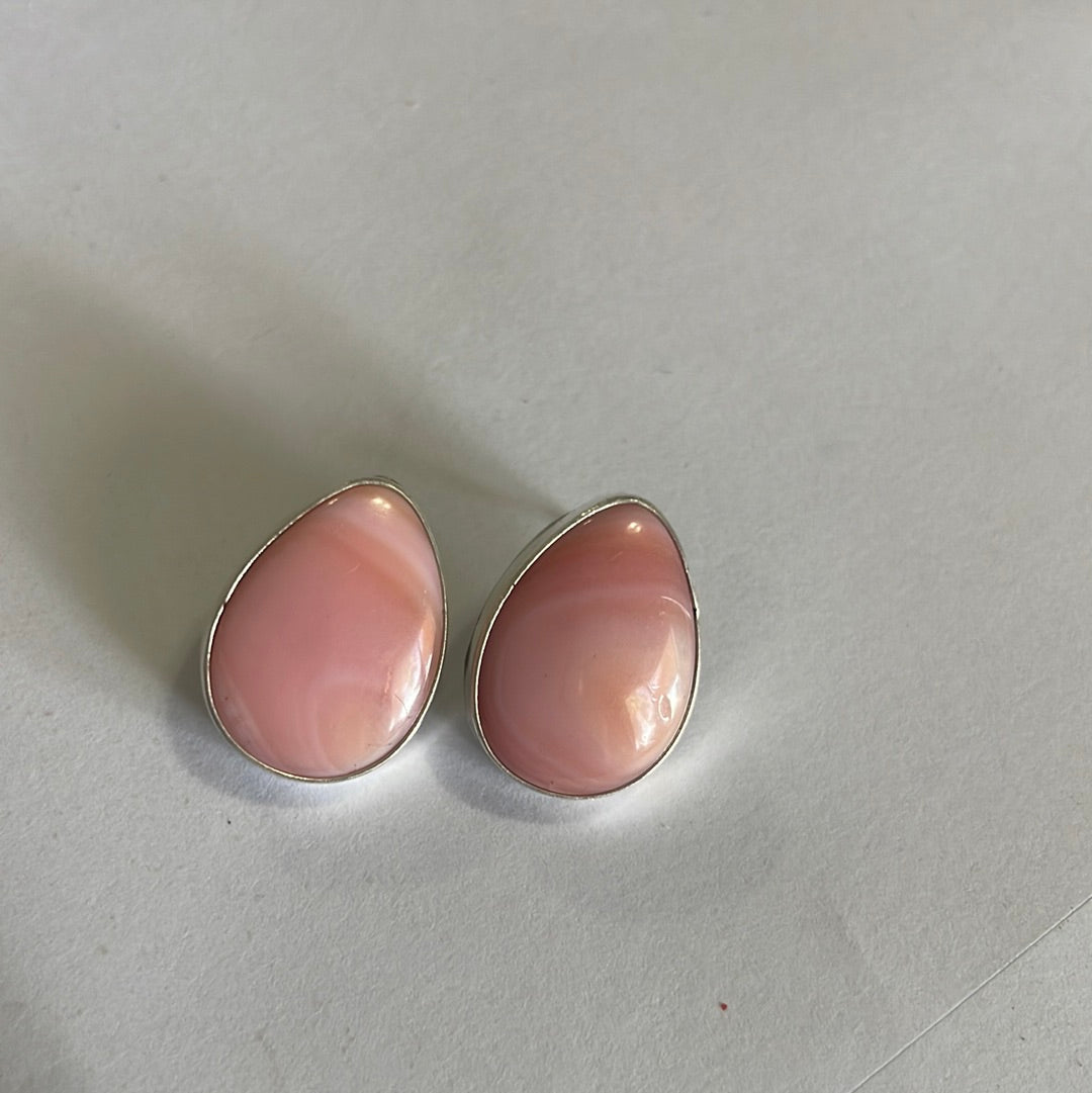 Handcrafted Sterling Silver & Pink Conch Tear Drop Stud Earrings Signed