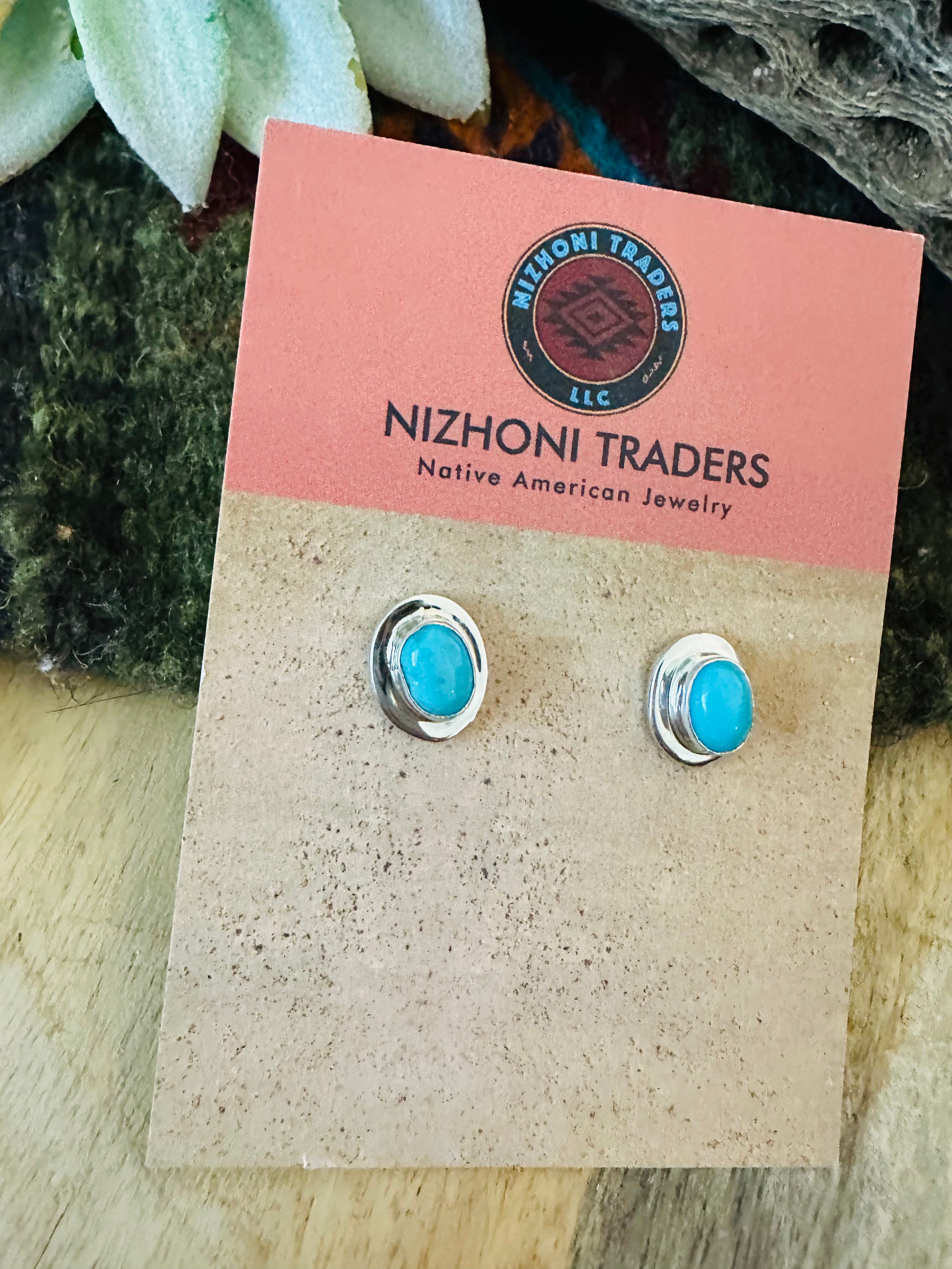 Handcrafted Turquoise & Sterling Silver Oval Stud Earrings