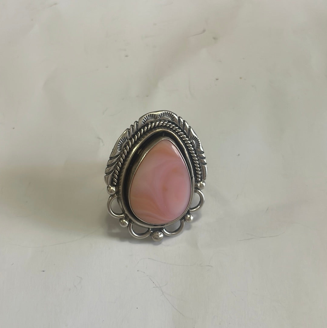 Gorgeous Navajo Pink Peruvian Opal And Sterling Silver Adjustable Ring