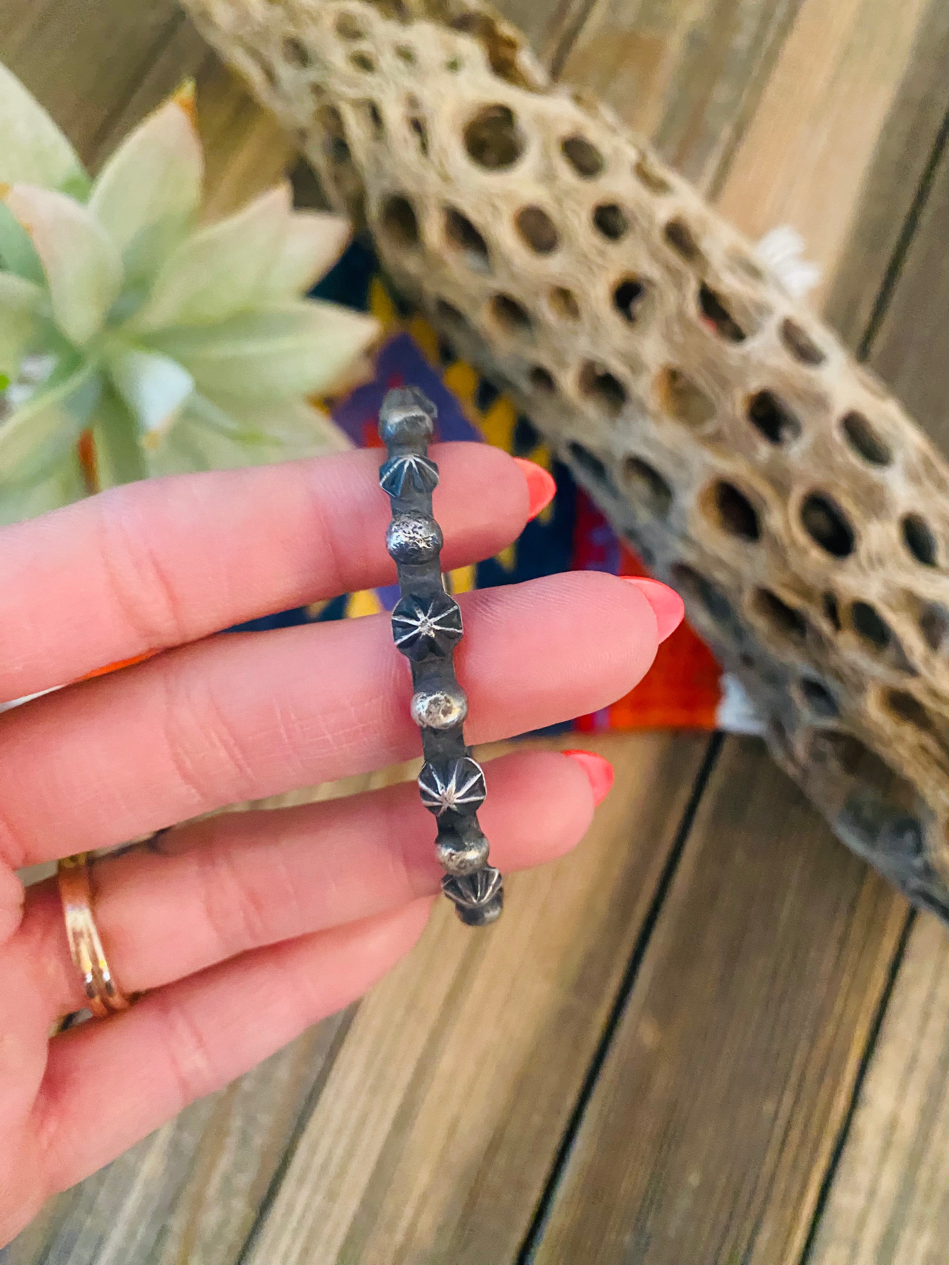 Handcrafted Hand Stamped Sterling Silver Bangle Bracelet by Chimney Butte