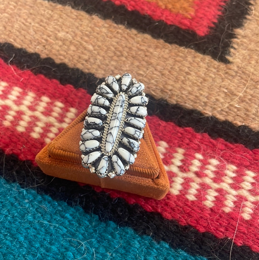 Handcrafted Sterling Silver & White Buffalo Cluster Ring Signed