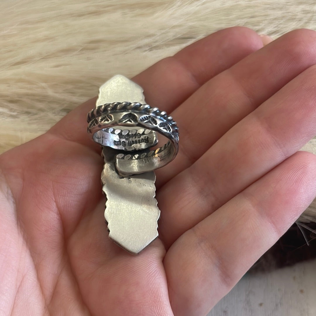 Handcrafted Turquoise Sterling Silver Adjustable Ring Signed Russell Sam