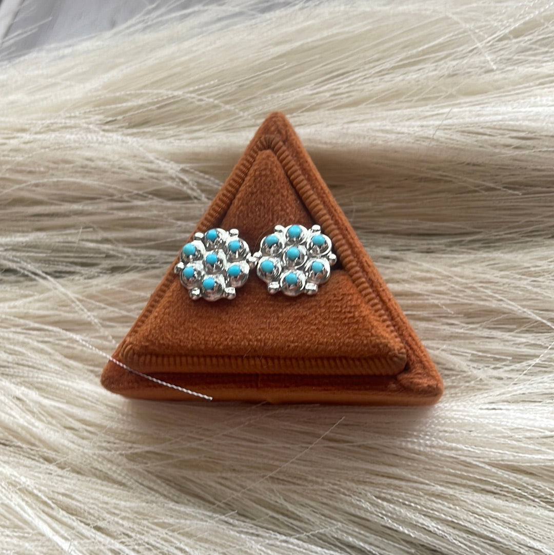 Handcrafted Sterling Silver & Turquoise 7 Stone Cluster Stud Earrings