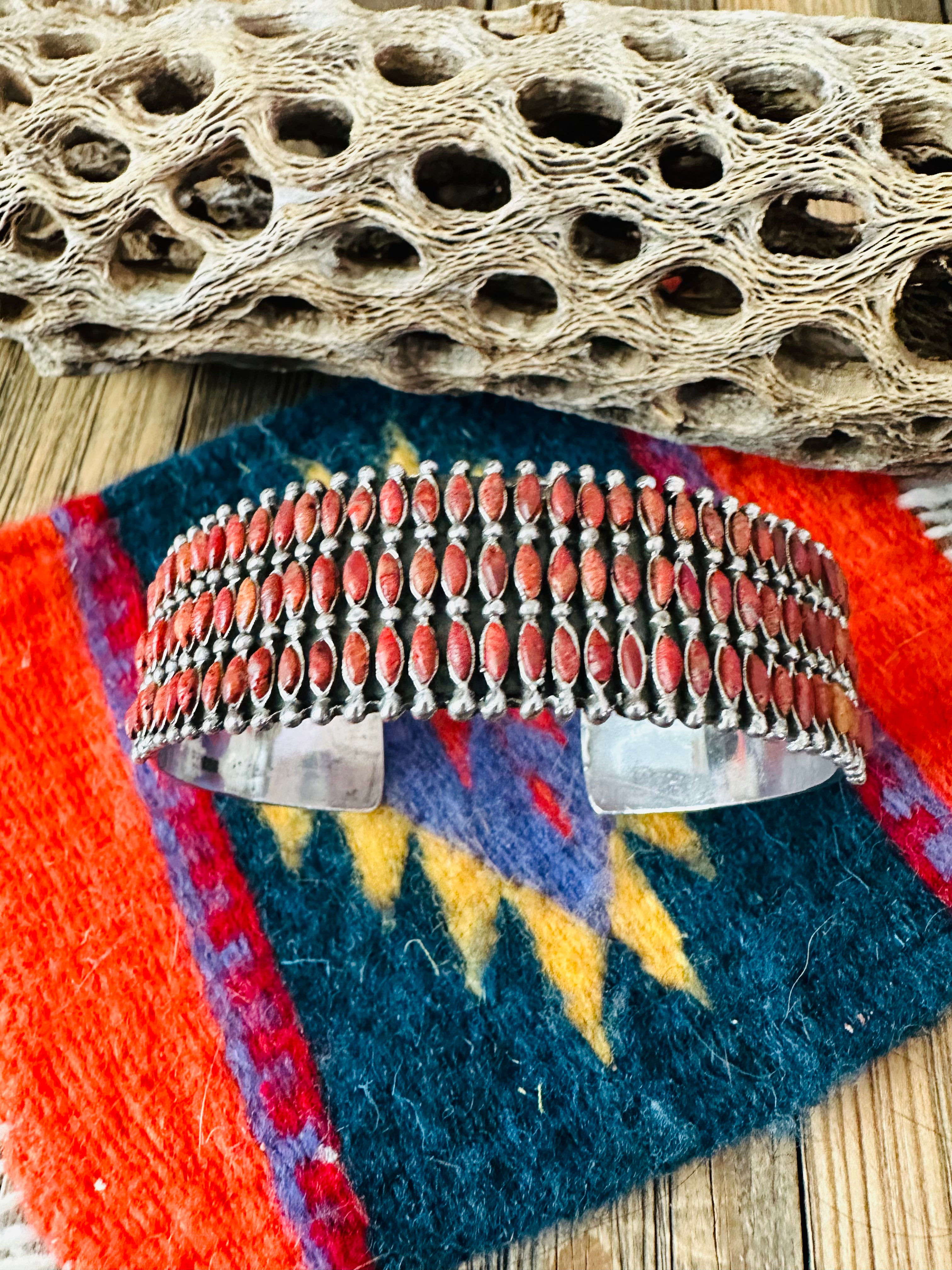 Nizhoni Handmade Sterling Silver & Coral Cuff Bracelet /