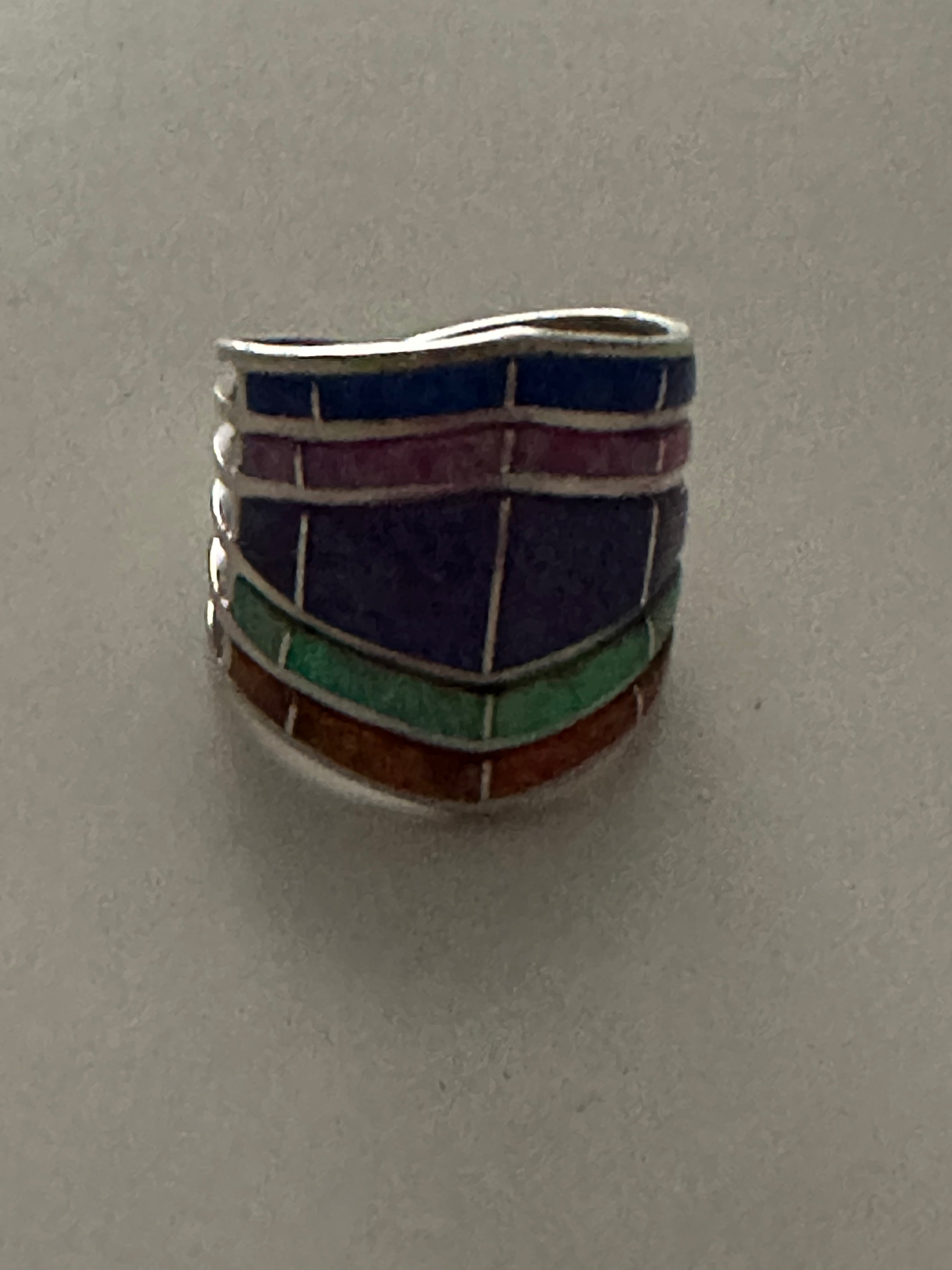 Zuni Sterling Silver Tri Color Opal Inlay Stacker Ring