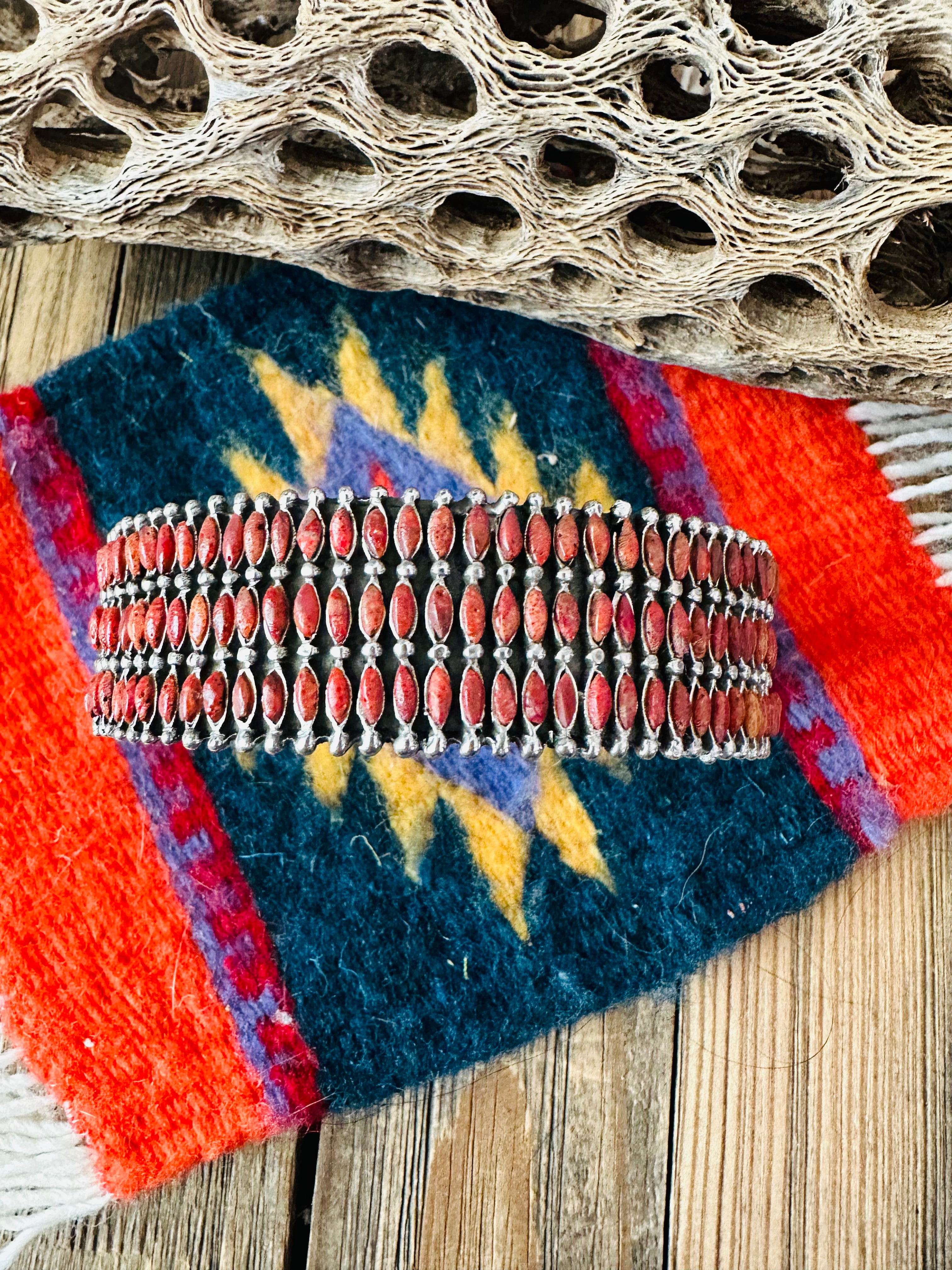 Nizhoni Handmade Sterling Silver & Coral Cuff Bracelet /