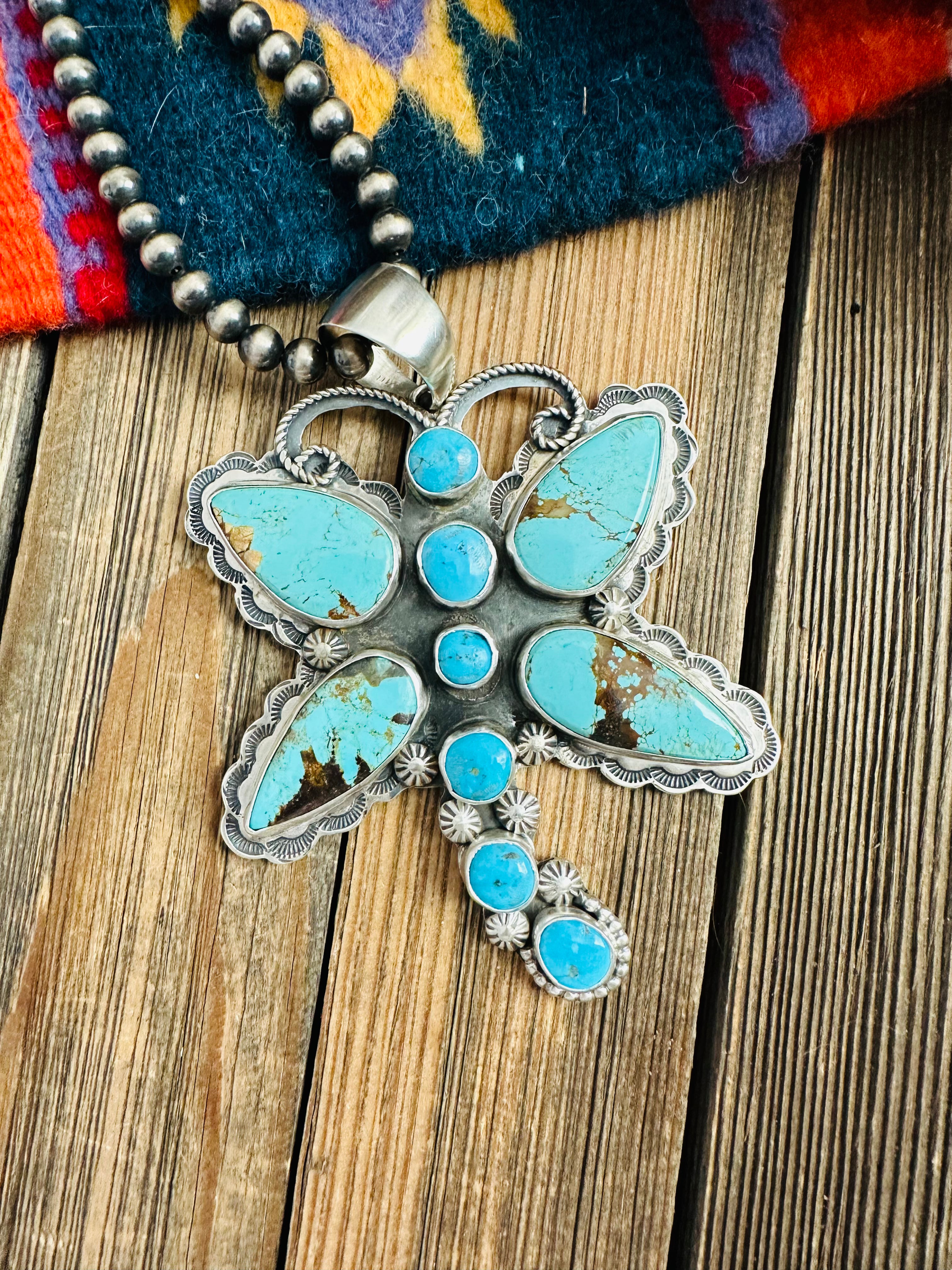 Navajo Turquoise & Sterling Silver Dragonfly Pendant By Tina Benally