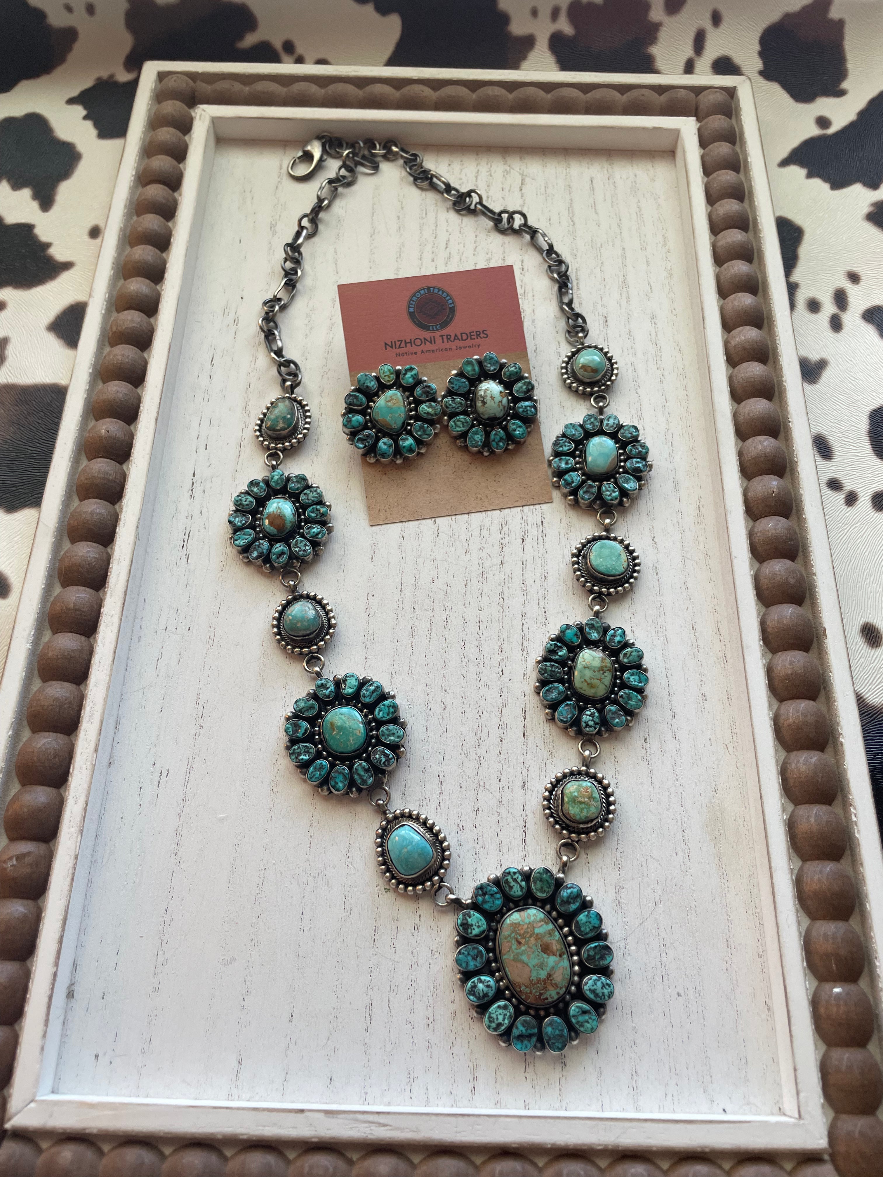 B Yellowhorse Navajo Sterling Silver Turquoise Necklace & Earring Set Signed