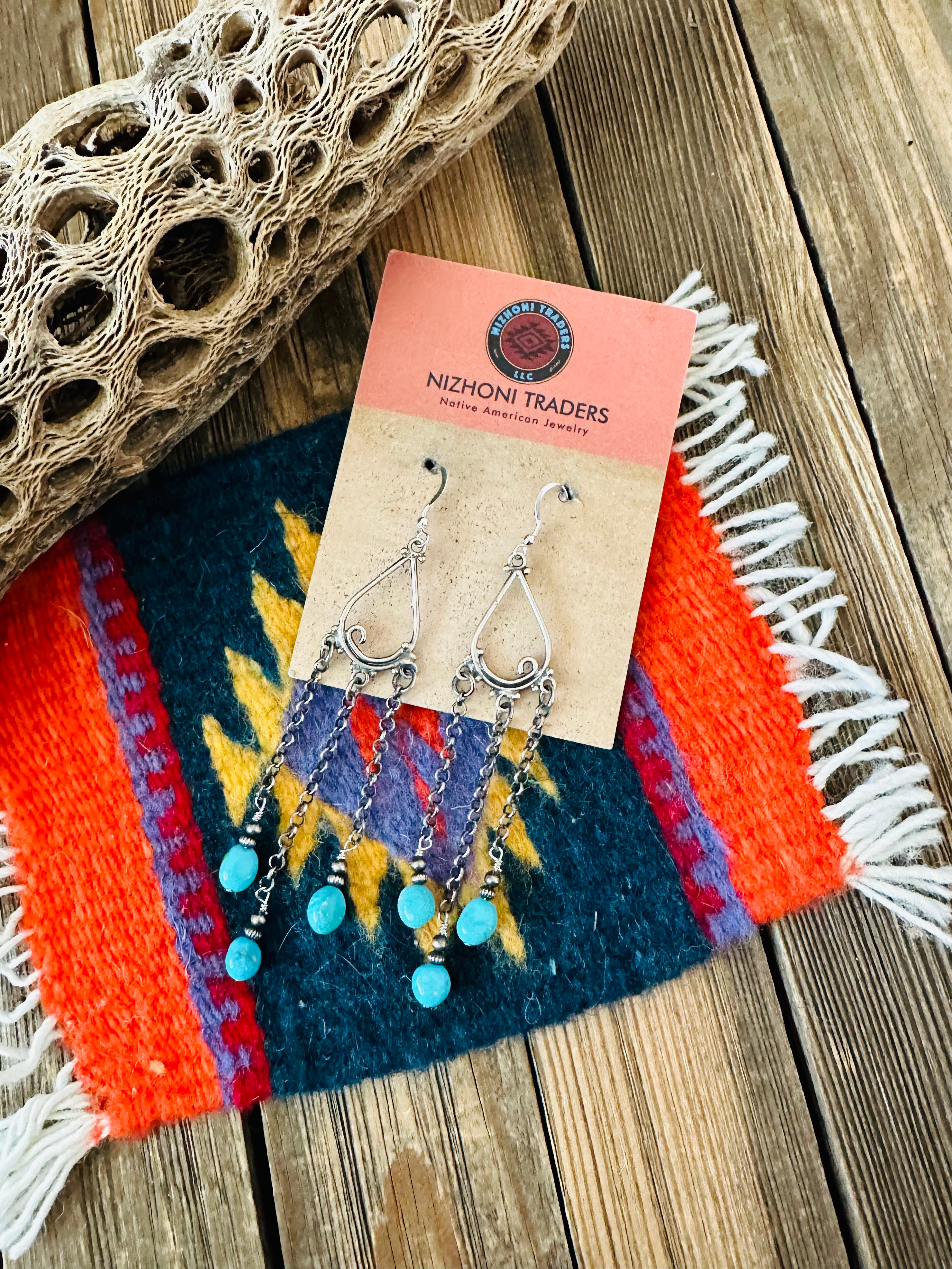 Handcrafted Sterling Silver & Turquoise Beaded Chain Dangle Earrings